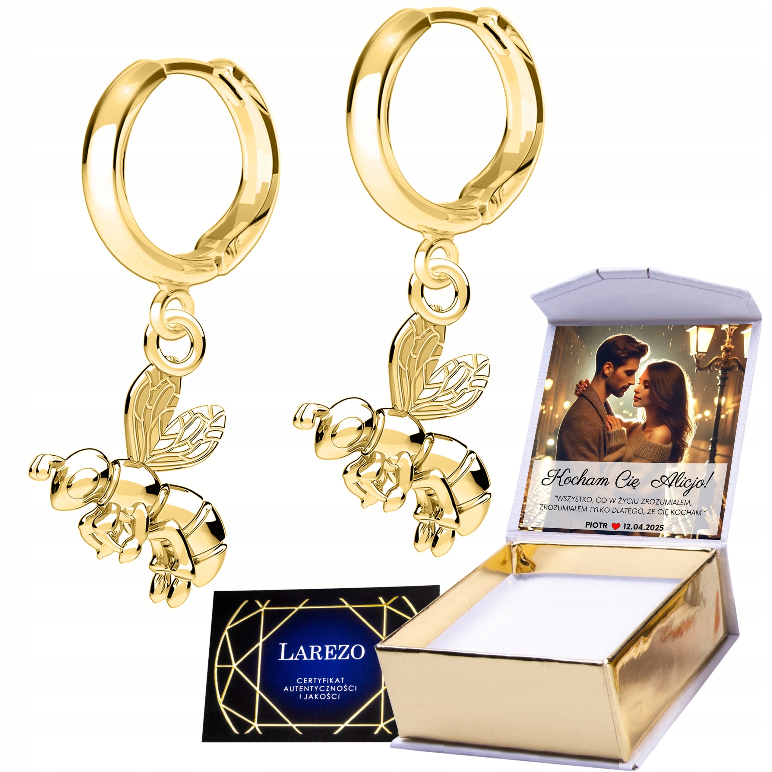 Zlaté Náušnice 925 s včelkou Včela Hmyz Med Příroda Potisk