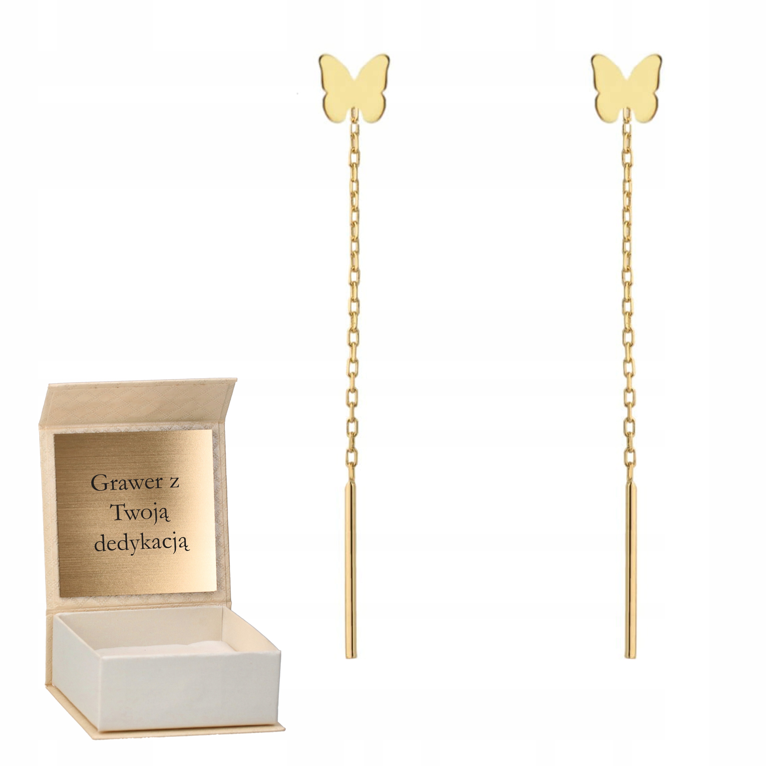 Zlaté náušnice s provlékacími prvky Plný Motýlek zlato ryzost 585 Gravírování