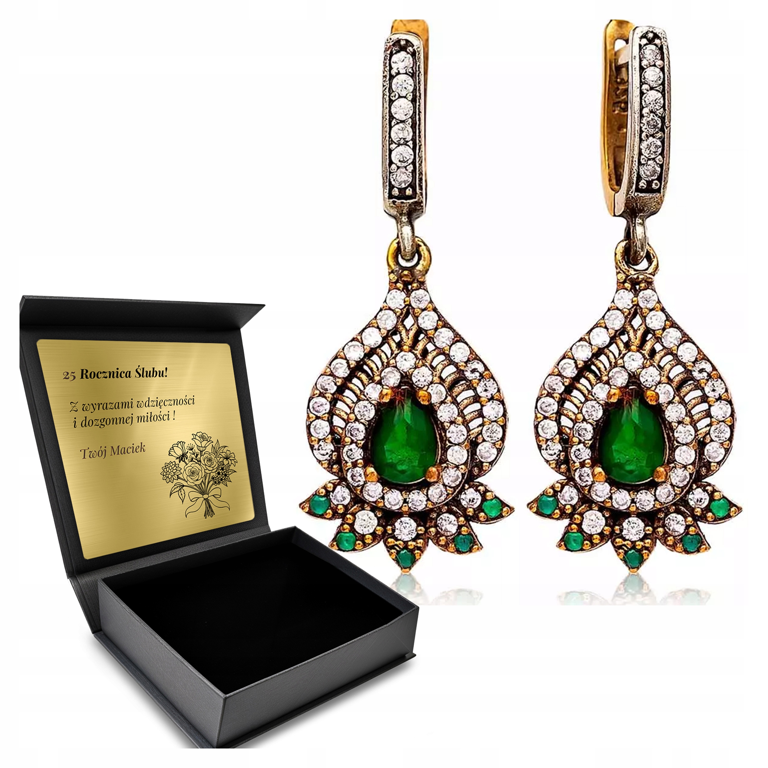 Stříbrné Náušnice 925 Zirkony Smaragd Dárek pro ženu Gravírování