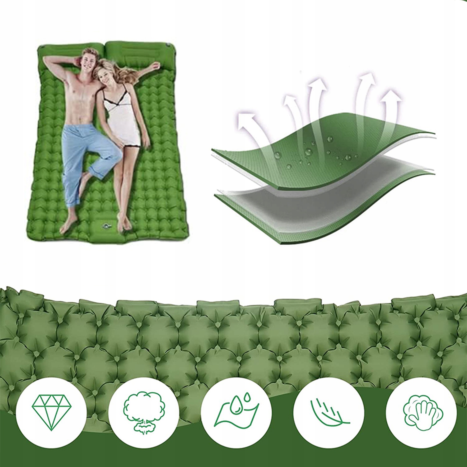 MATERAC SAMOPOMPUJĄCA PODWÓJNA MATA Z PODUSZKĄ Kolor dominujący odcienie zieleni