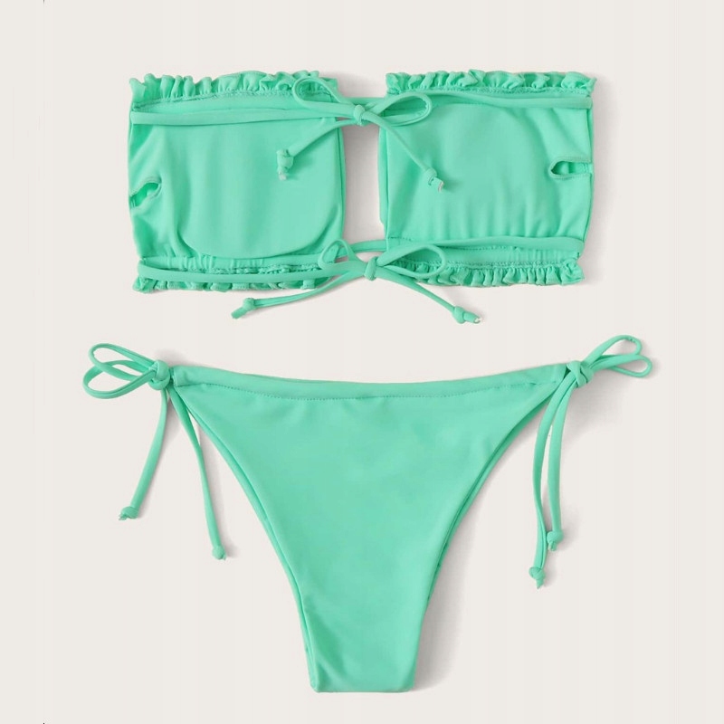 BIKINI DWUCZĘŚCIOWY STRÓJ KĄPIELOWY BANDEAU MARSZCZENIE KOSTIUM WIĄZANY S Rozmiar S