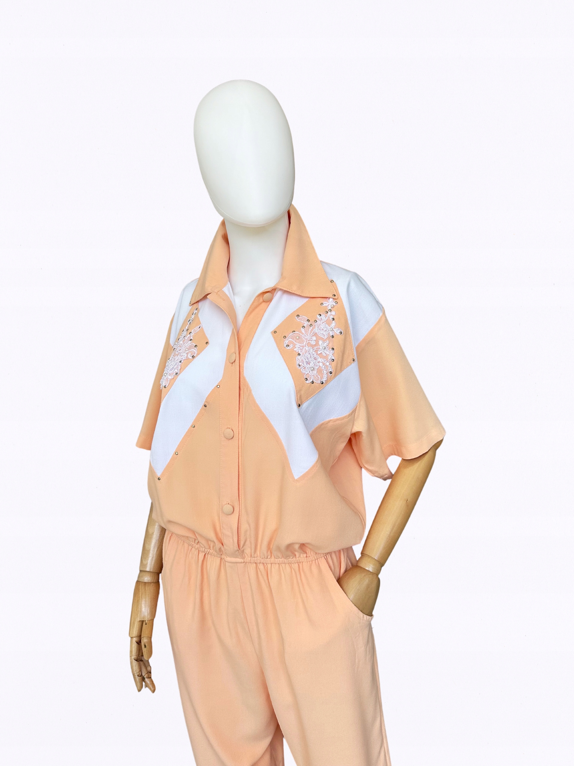 Kombinezon vintage wyszywany lata 80-te nity 80's Dekolt kołnierzyk