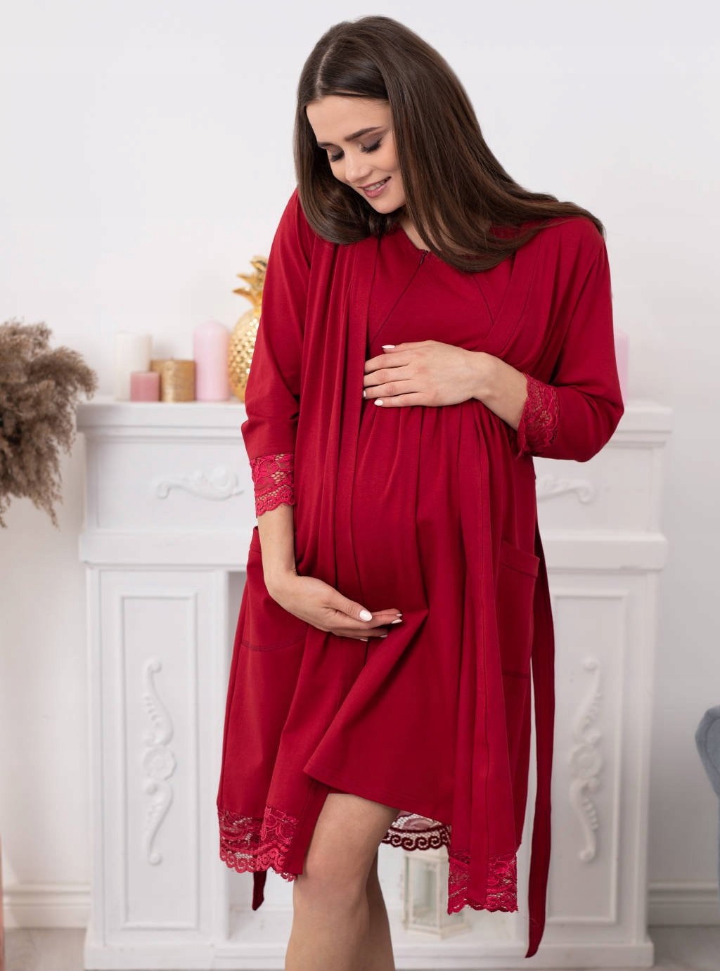 SZLAFROK DAMSKI CIĄŻOWY BAWEŁNIANY PODOMKA KORONKA M Długość przed kolana