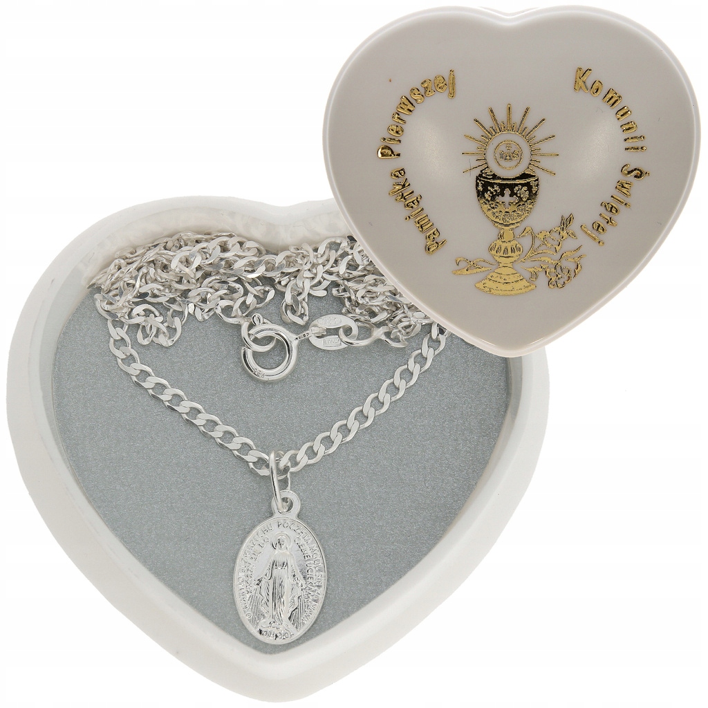 SREBRNY KOMPLET KOMUNIJNY ZESTAW CUDOWNY MEDALIK + ŁAŃCUSZEK 50 CM KOMUNIA