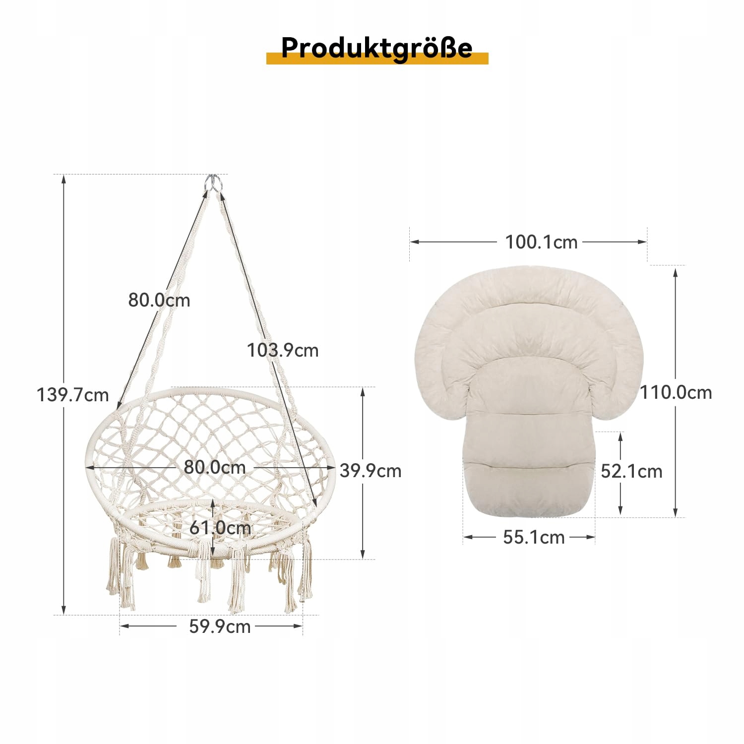 BATHONLY Fotel Wiszący Makrama z Poduszką Boho Bawełna do 150kg Beżowy — miniatura 7