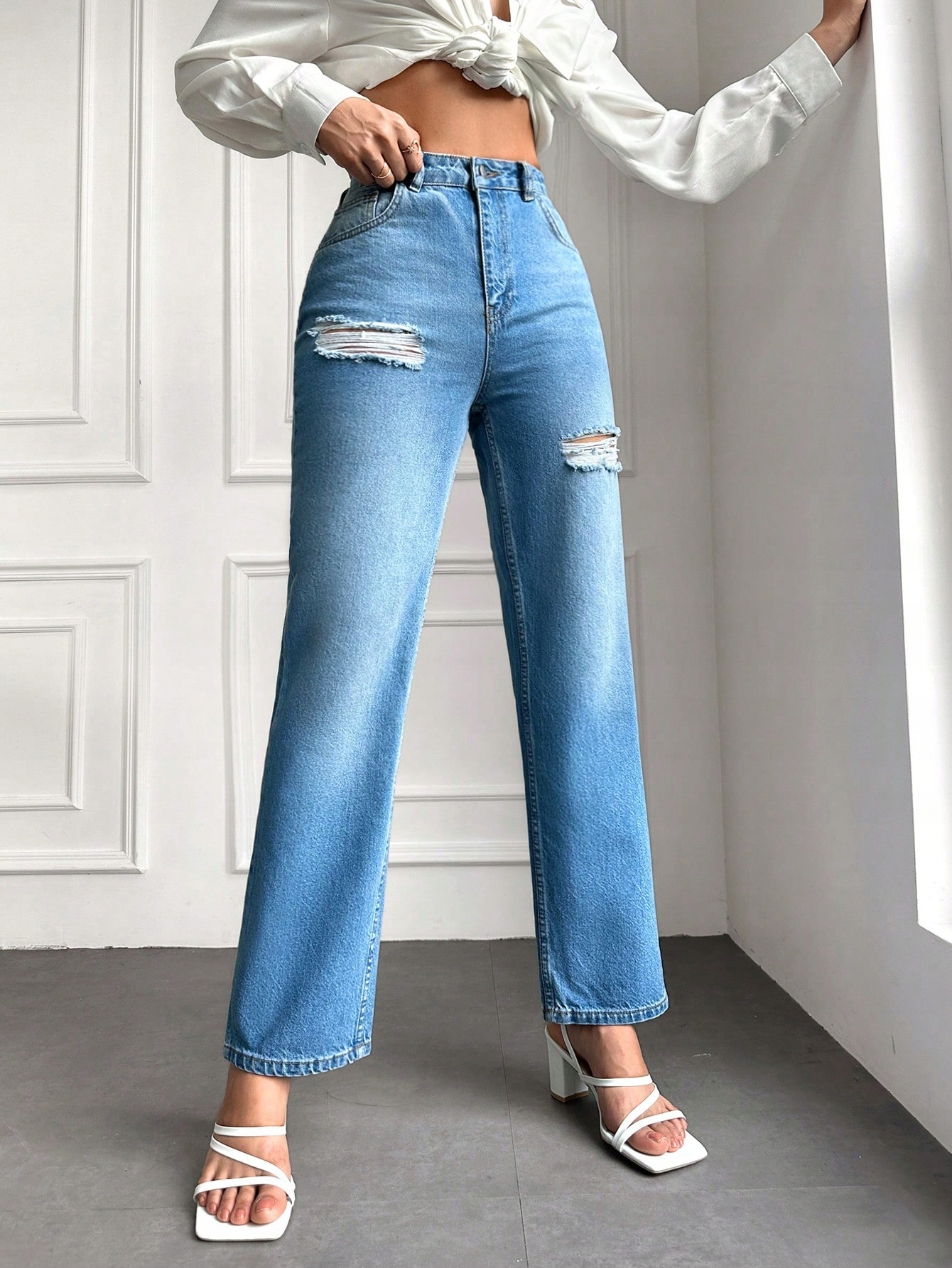 Džíny Rovné S Oděrkami Regular Fit Modré Casual Shein 40