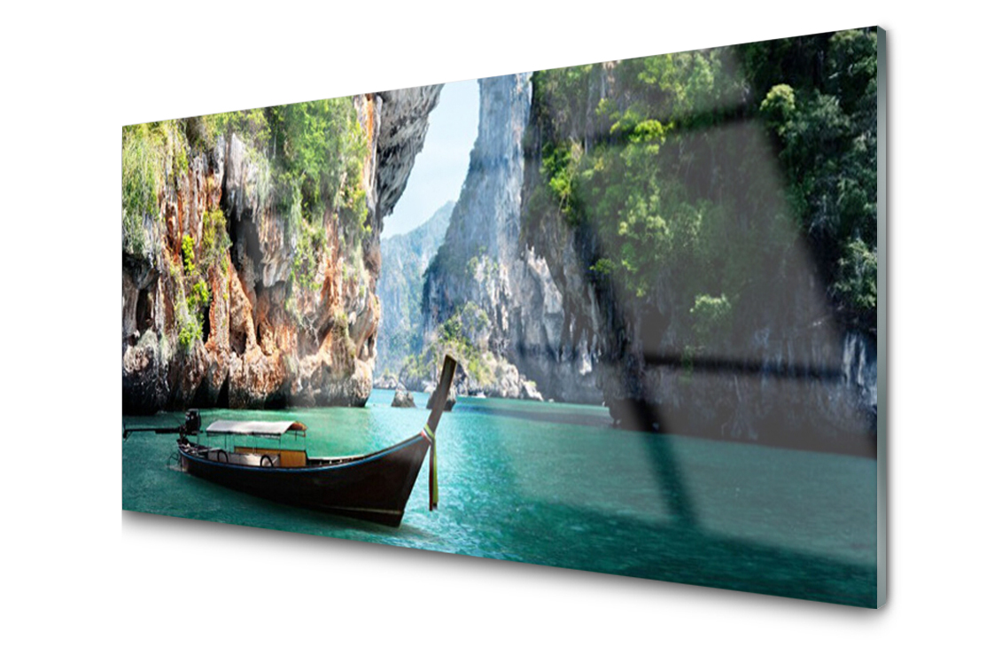 

Panel szklany dekor Łódź Jezioro Skały 120x60