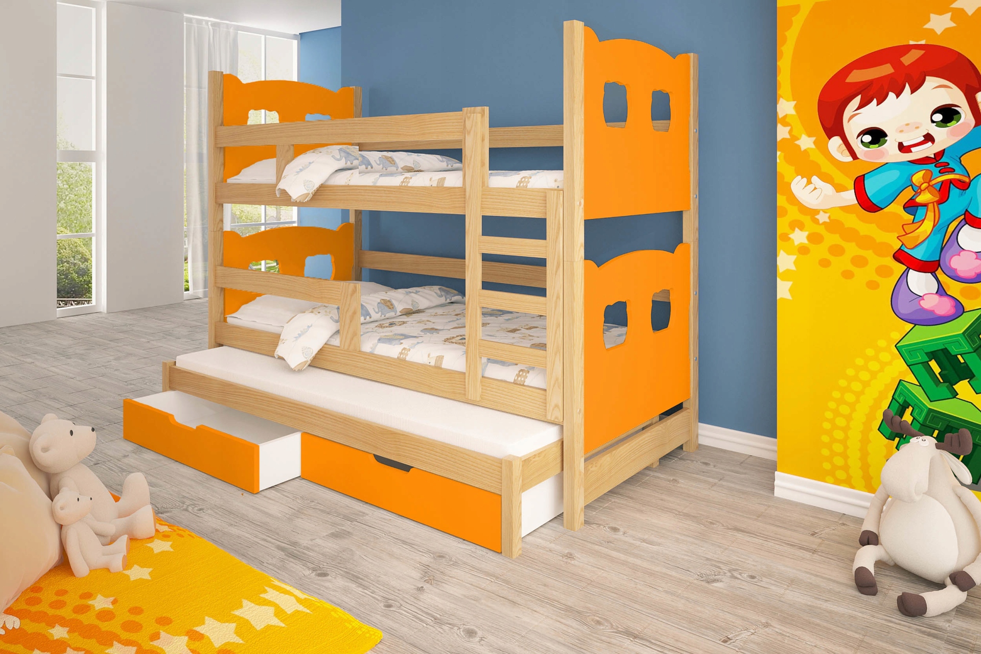 Łóżko piętrowe trzy osobowe Olek 180x75 materace Kolor inny