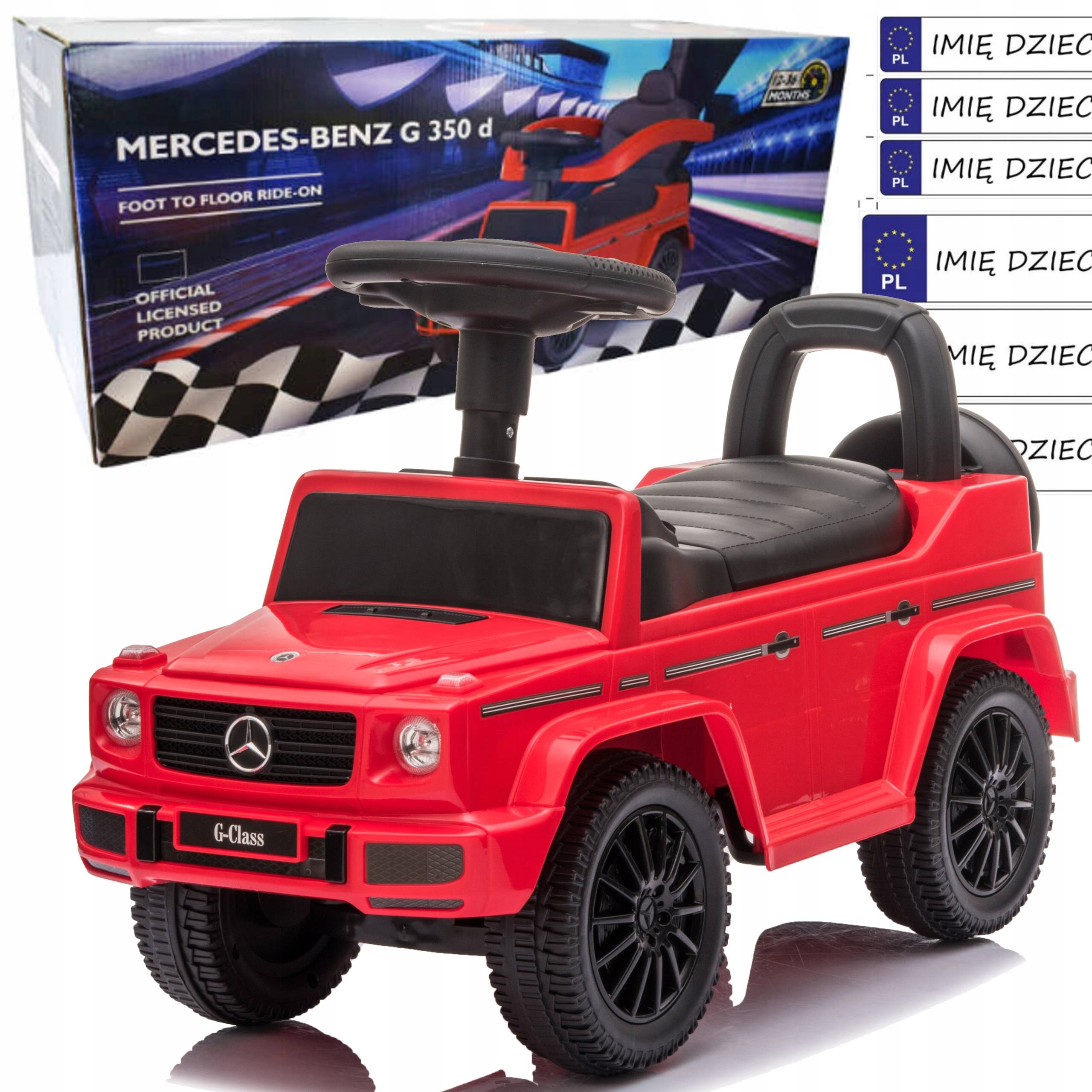jeździk pchacz Mercedes G gumowe koła Klakson Ryk Silnika tablice imienne