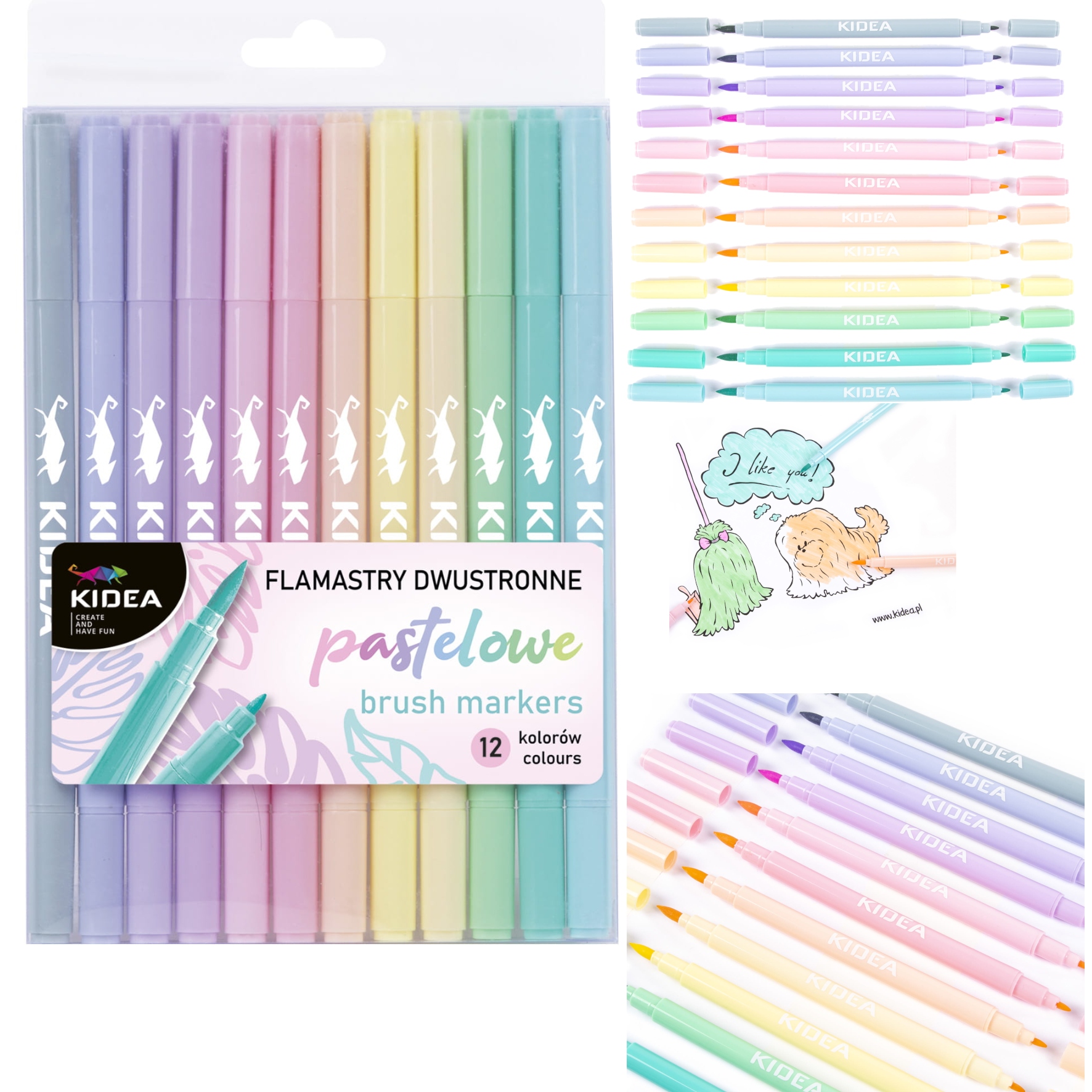 FLAMASTRY PISAKI DWUSTRONNE PASTELOWE 12 KOL KIDEA