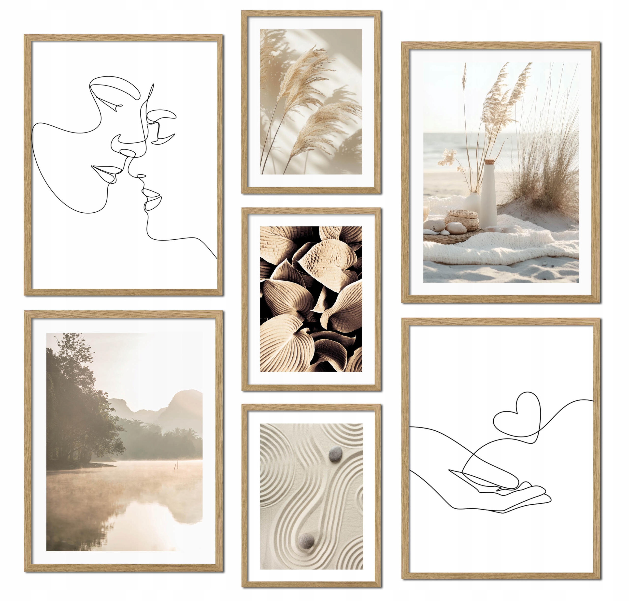Sada plagátov Boho Galeria Béžová Príroda Jedna línia trávy Listy s rámami