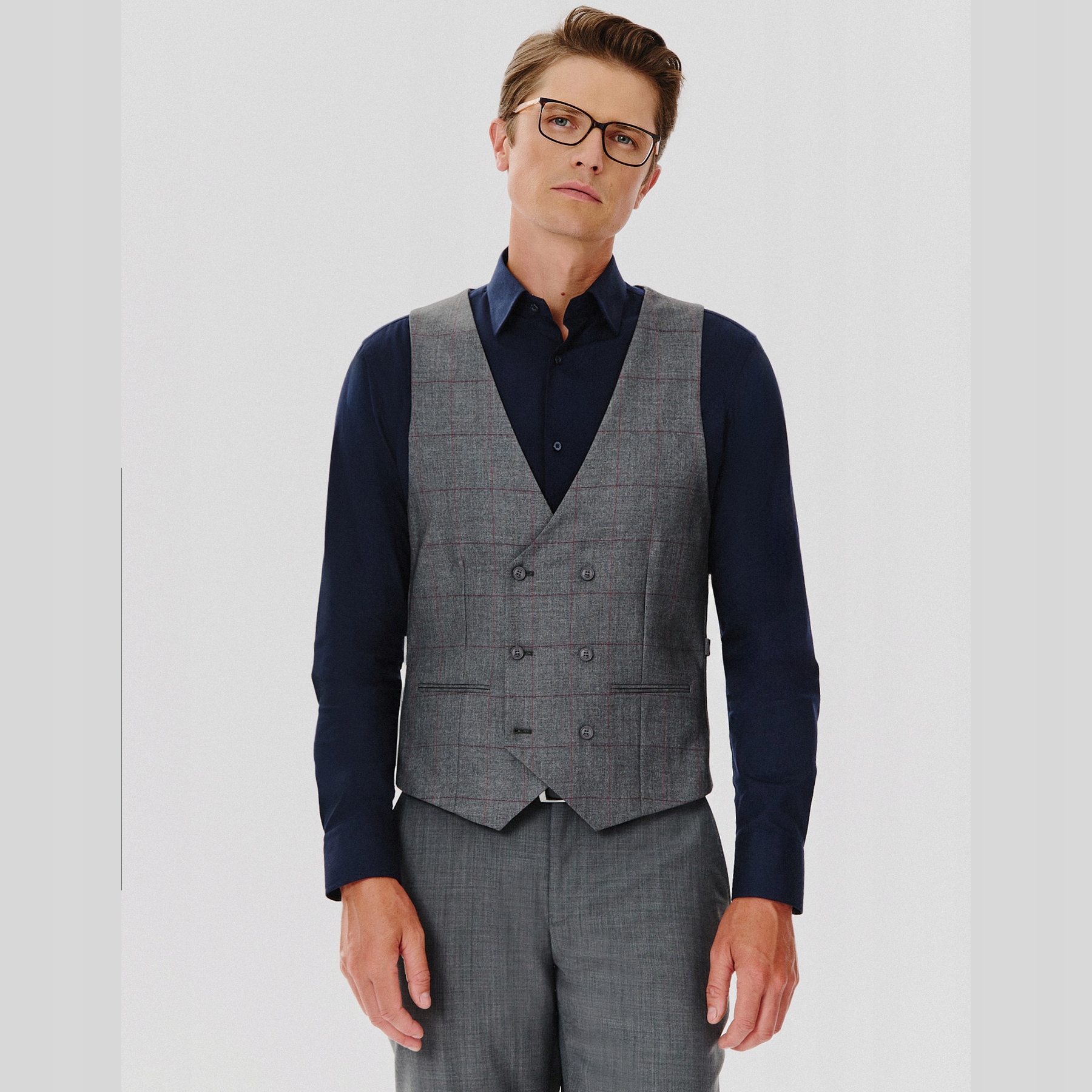 Šedá dvouřadá pánská vesta s kostkovaným vzorem Pako Lorente vel 48