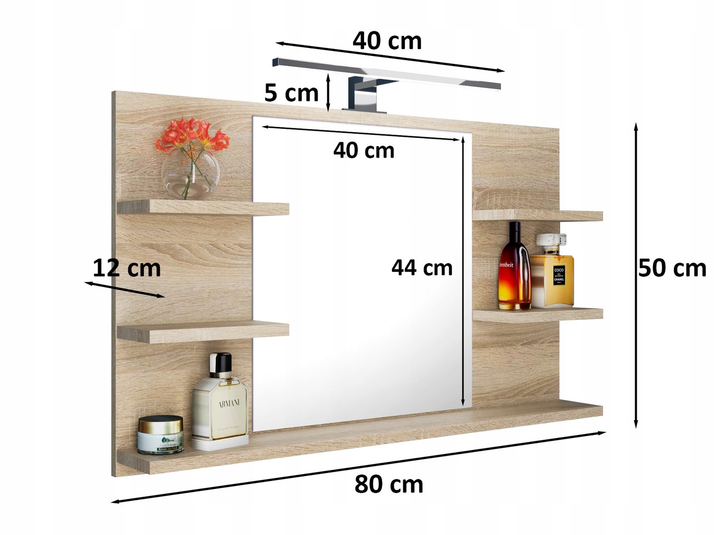 Lustro łazienkowe z kinkietem LED ścienne do łazienki z półkami sonoma Szerokość 800 mm