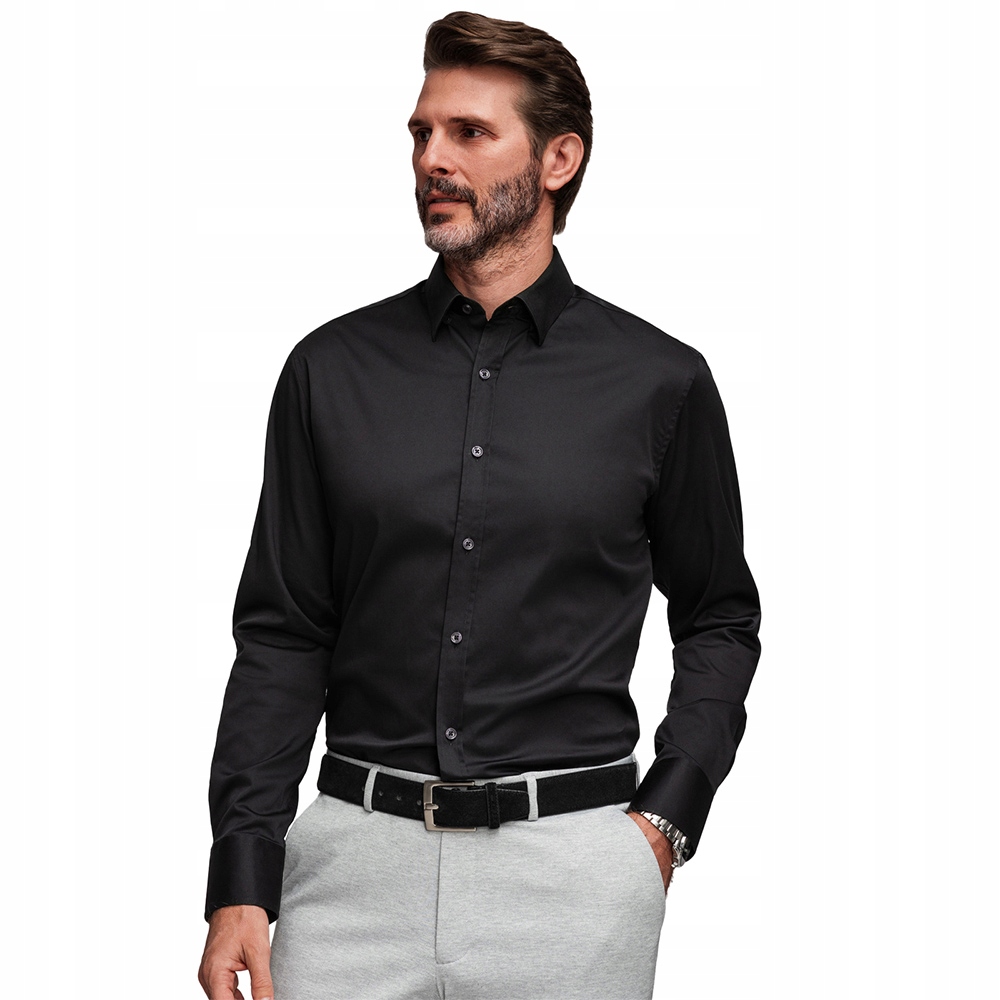 Pánská košile Slim Fit ze saténové tkaniny černá OM-SHOS-0211 velikost L