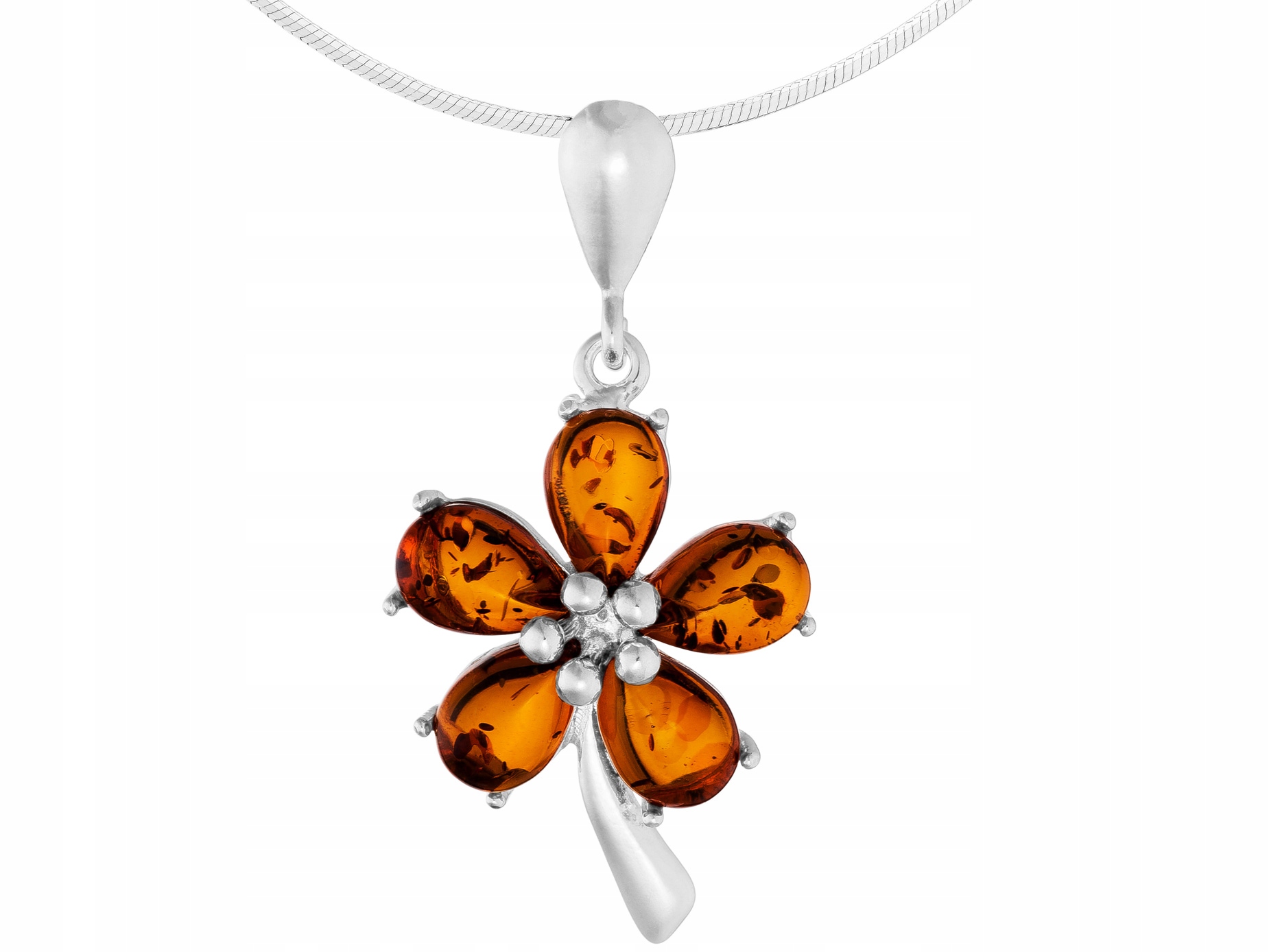 Dlouhý Stříbrný Náhrdelník Květina s Jantarem Květ Jantar Stříbro 75 cm