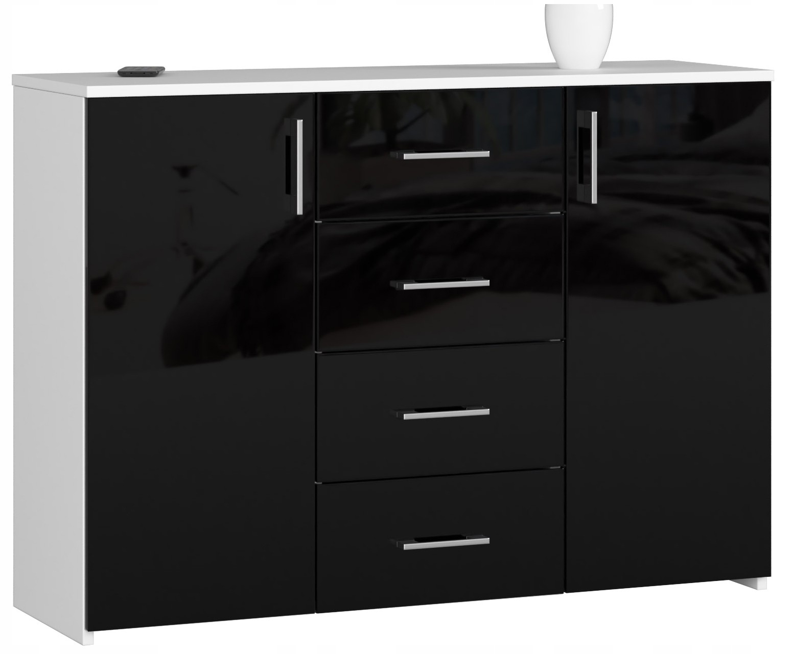 Komoda salon K45 110 cm 2 drzwi 4 szuflady nowoczesna Biała Czarny Połysk