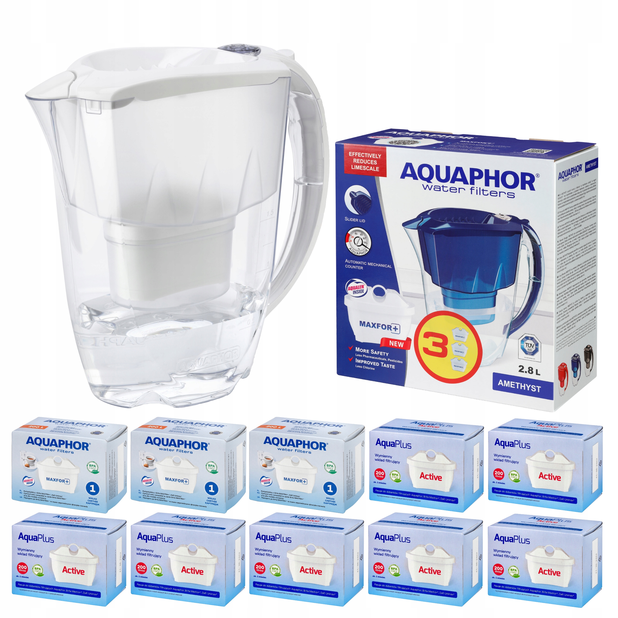 Filtrační konvice na vodu Aquaphor Amethyst 2,8 l s 10 vložkami (3+7), bílá