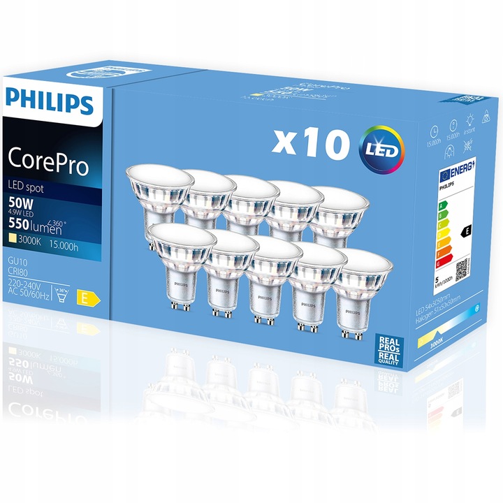 10x Żarówka Led GU10 4,9W 50W 550lm 3000K Ciepła 120° Philips
