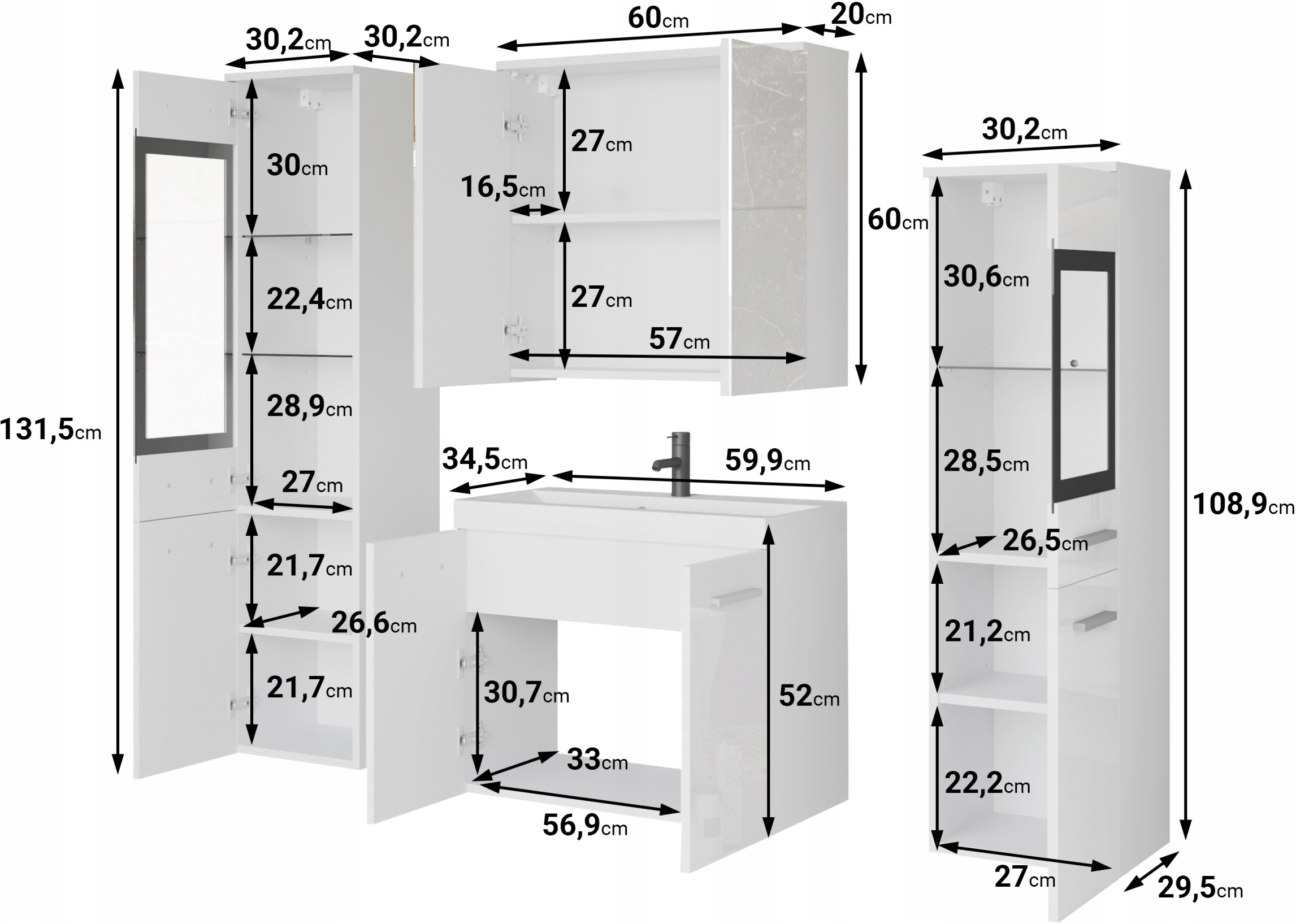 Meble łazienkowe MADRIT II, umywalka, lustro MATERA / BIAŁY POŁYSK Marka Bratex
