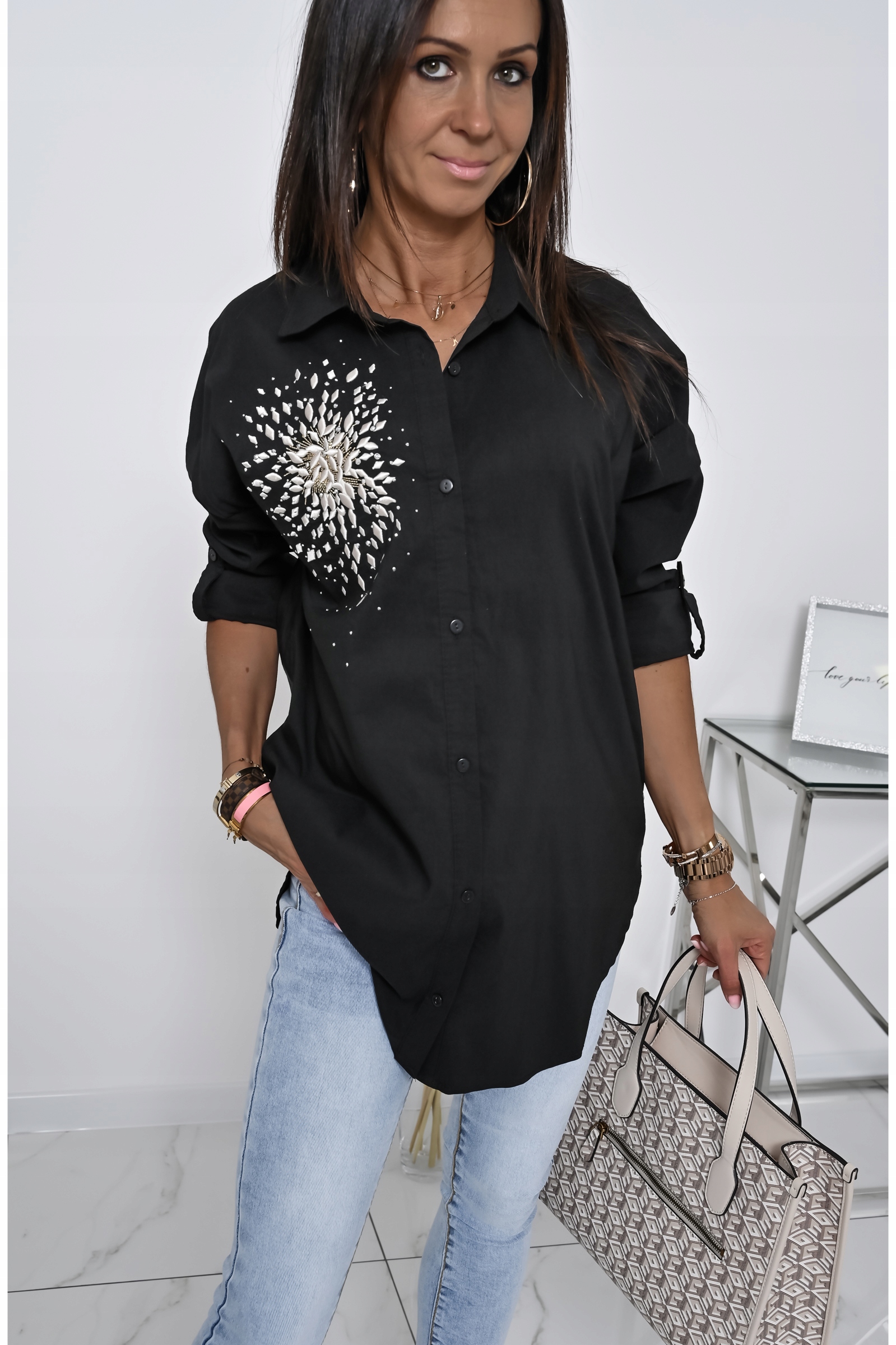 ŚLICZNIE ZDOBIONA KOSZULA OVERSIZE ELIT! WZ.2 XL Kolor czarny