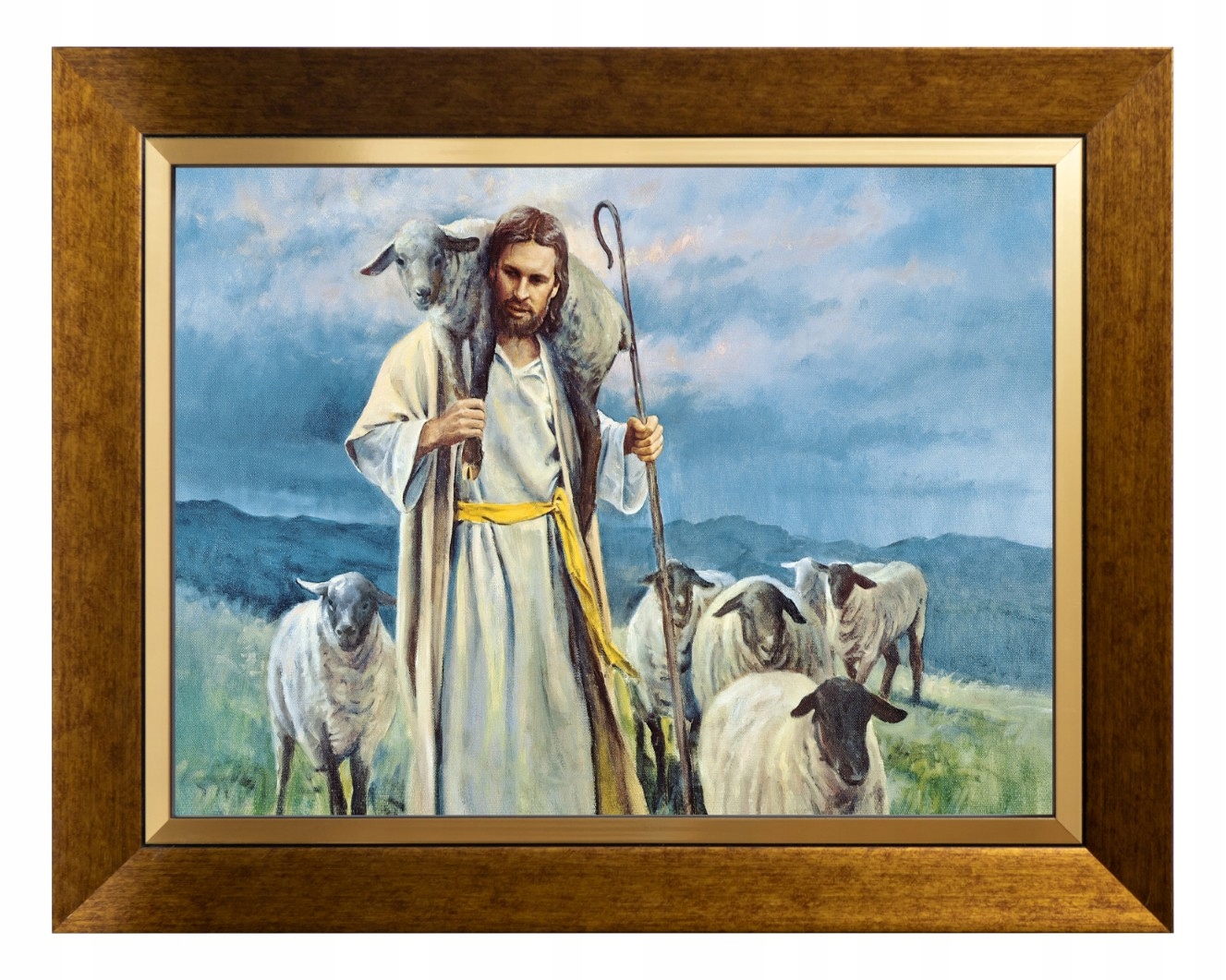 Ježíš, Pastýř, Sakrální Obraz Na Plátně Se Zlatým Ozdobným Rámem 30X40
