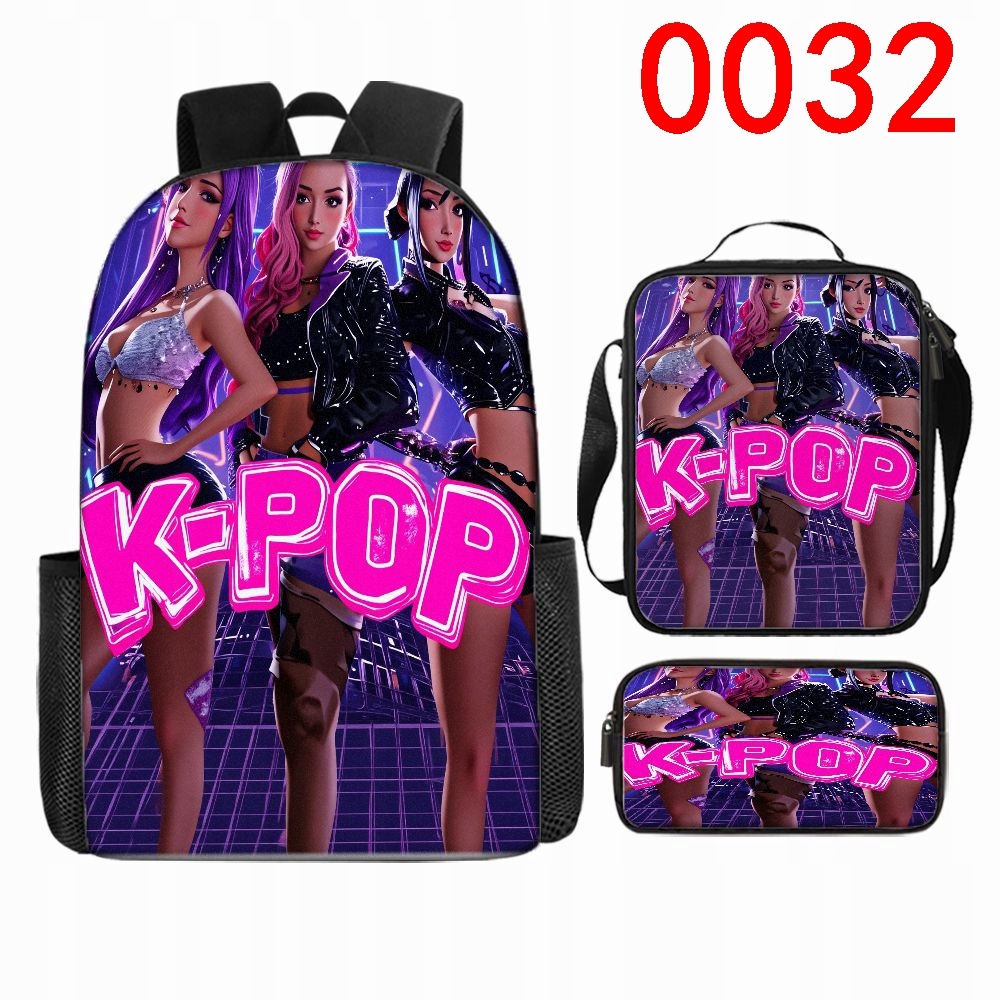 K-POP 3-piece Backpack Set: 3 Pink-purple Hair Girls, Neon Grid, Black