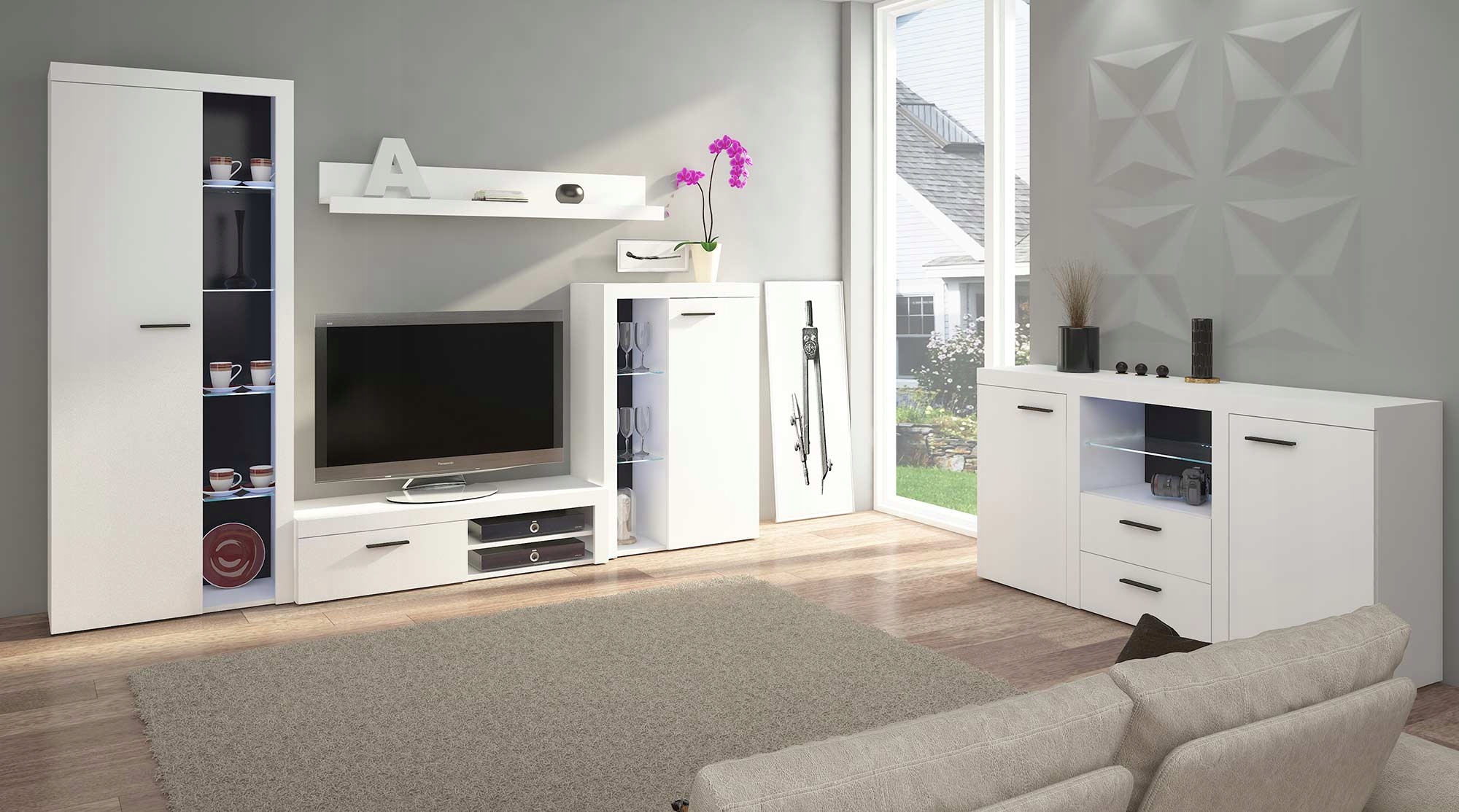 Nábytková Stěna Rumba Komoda Led Podsvícení Bílá