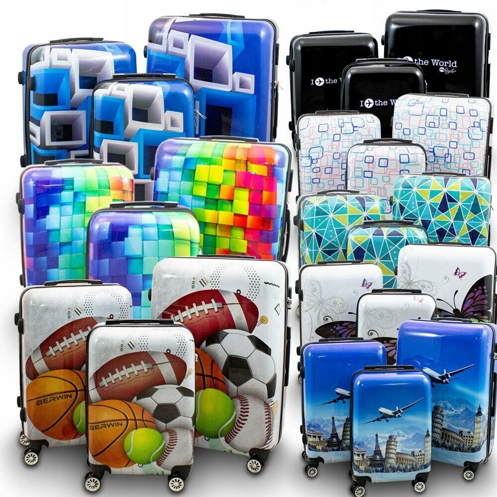 ZESTAW KOMPLET NOWOCZESNYCH WALIZEK 3D PODRÓŻNYCH M L XL WALIZKI FLAMINGO Wzór dominujący mix wzorów