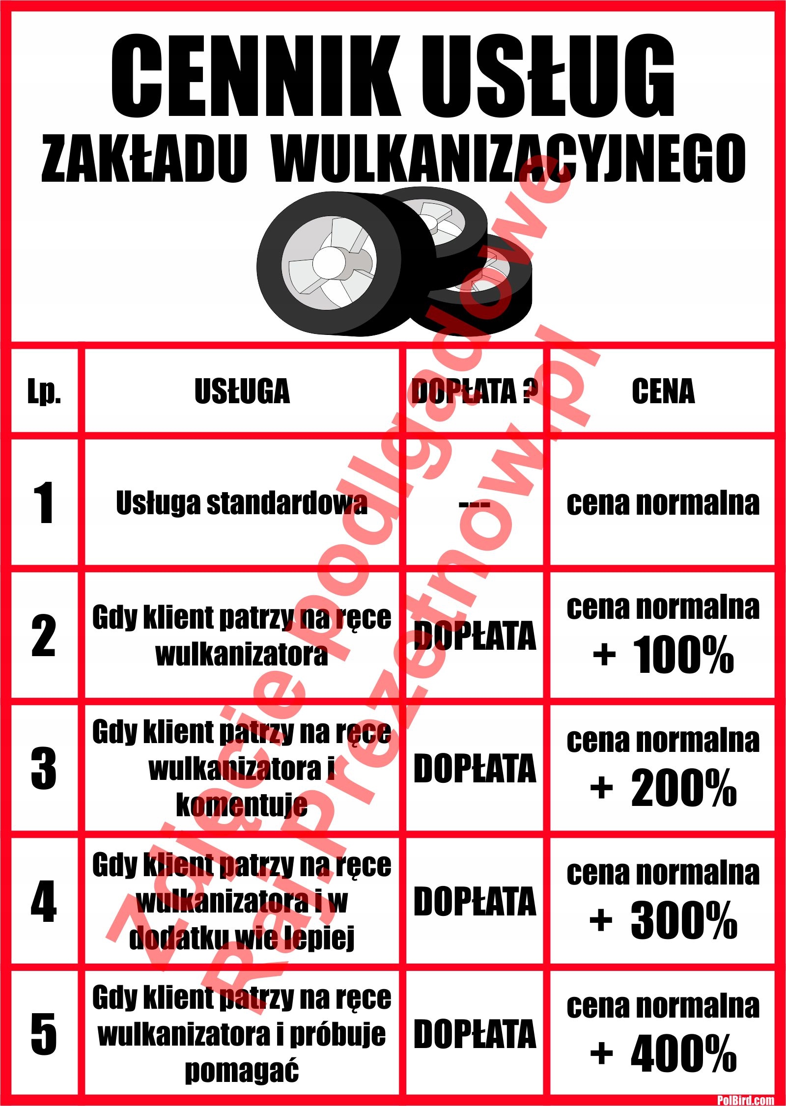 ŻARTOBLIWY CENNIK ZAKŁADU WULKANIZACYJNEGO (s) Marka bez marki