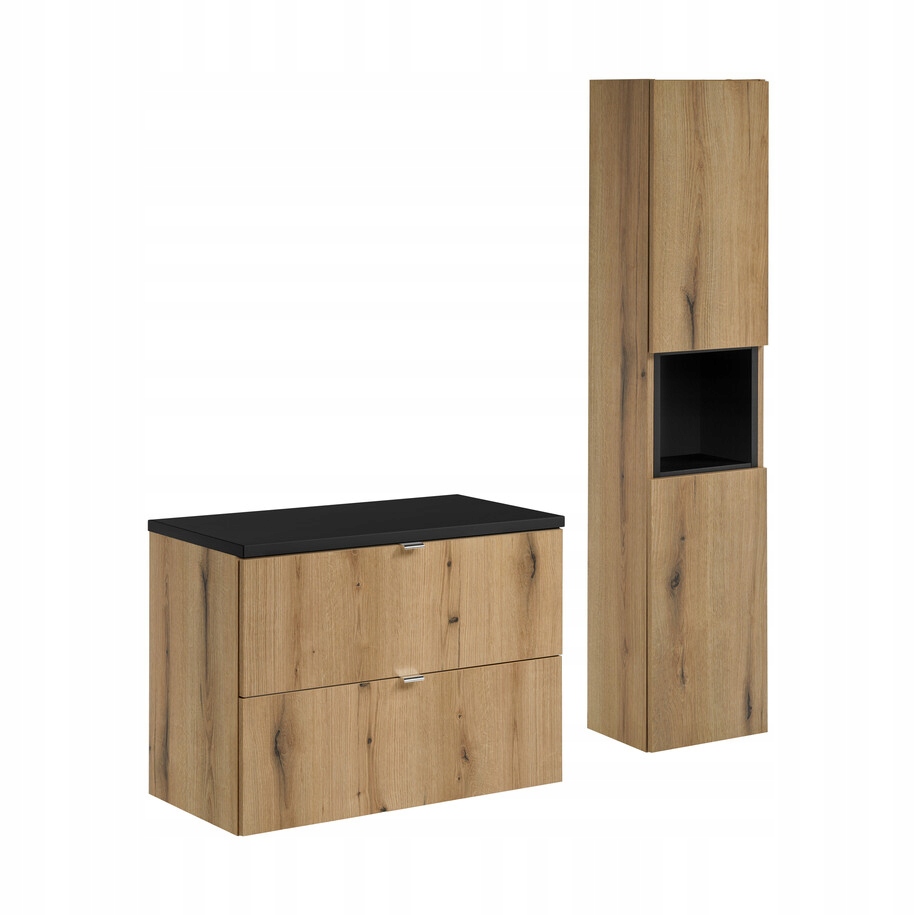 Szafka łazienkowa wisząca oak z blatem łazienkowym czarnym 80 cm i słupkiem
