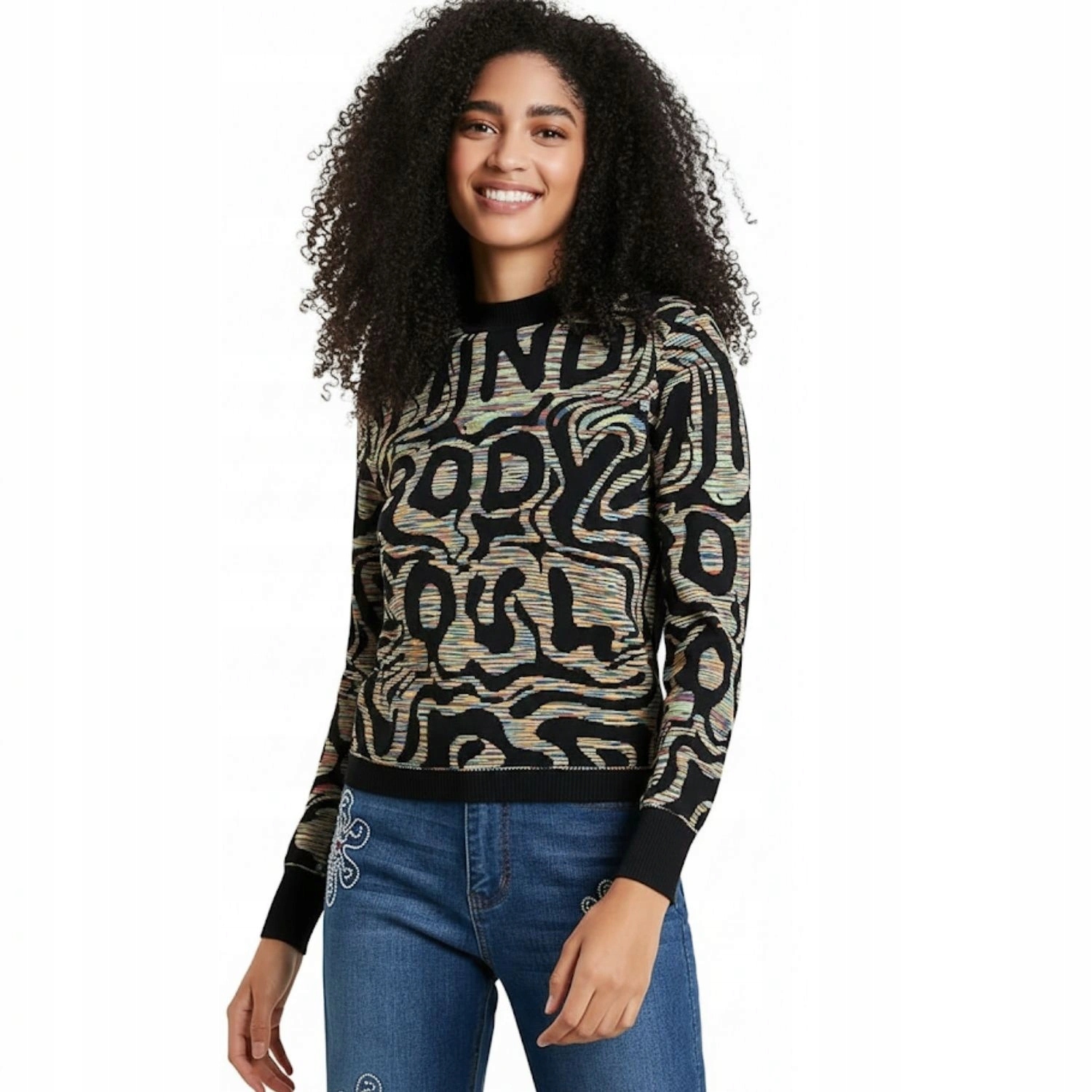 Dámský svetr Desigual Estrasburgo černý s nápisy, přiléhavý, módní, vel. S