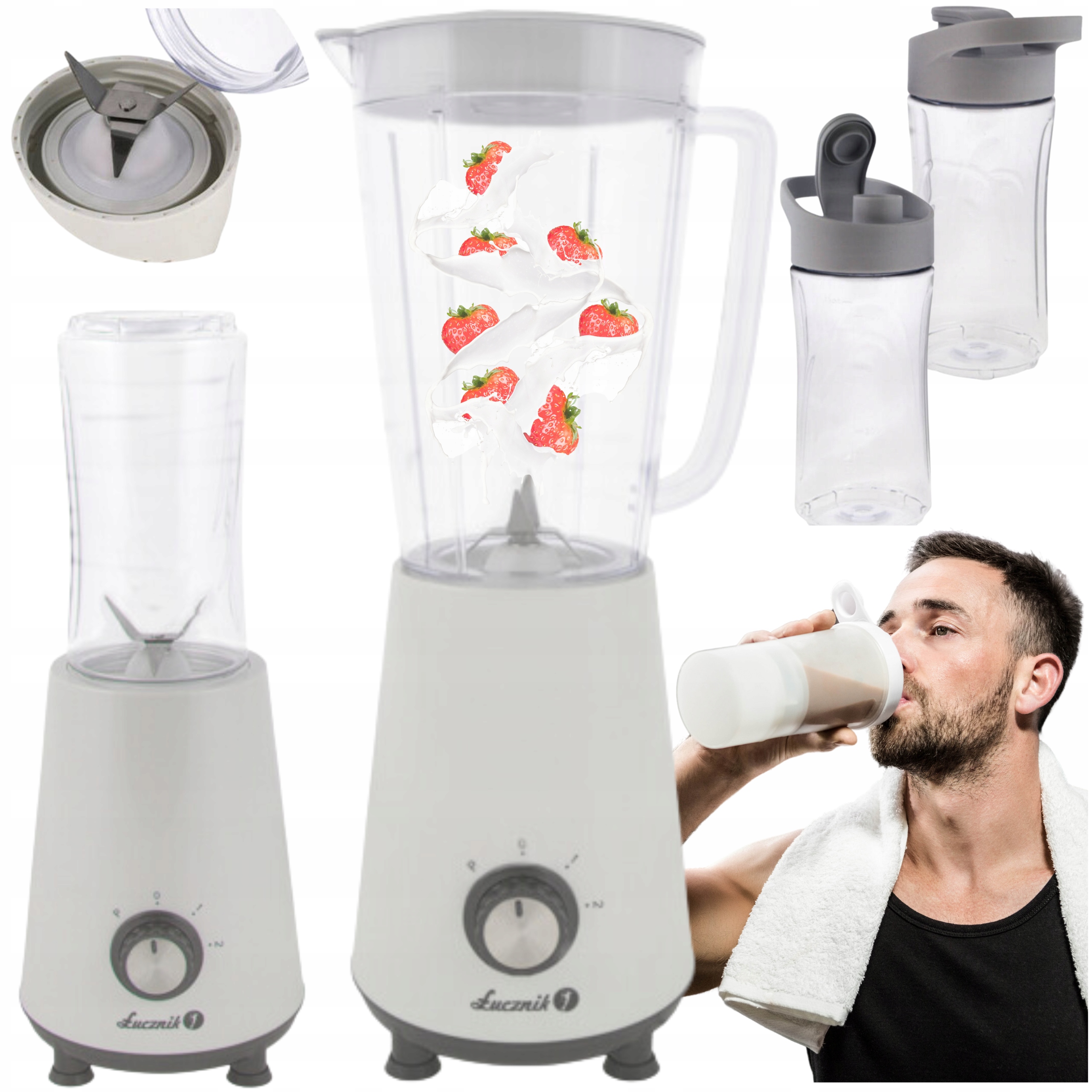 Blender kielichowy mikser Łucznik BP-2018 350 W biały 1l 2 bidony