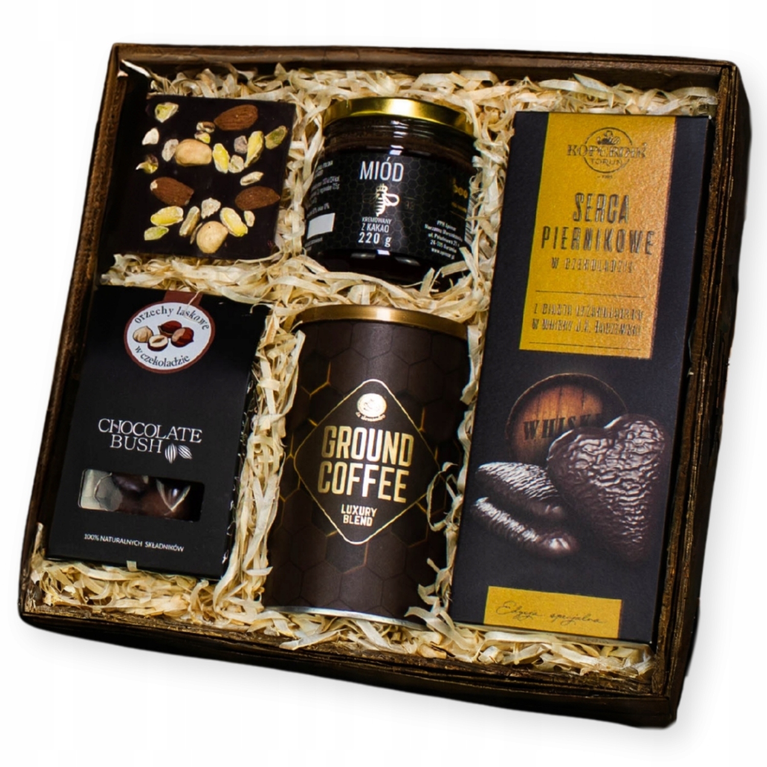 Pánský Dárkový Koš Box s kávou perníky s Whisky medem ořechy čokoláda