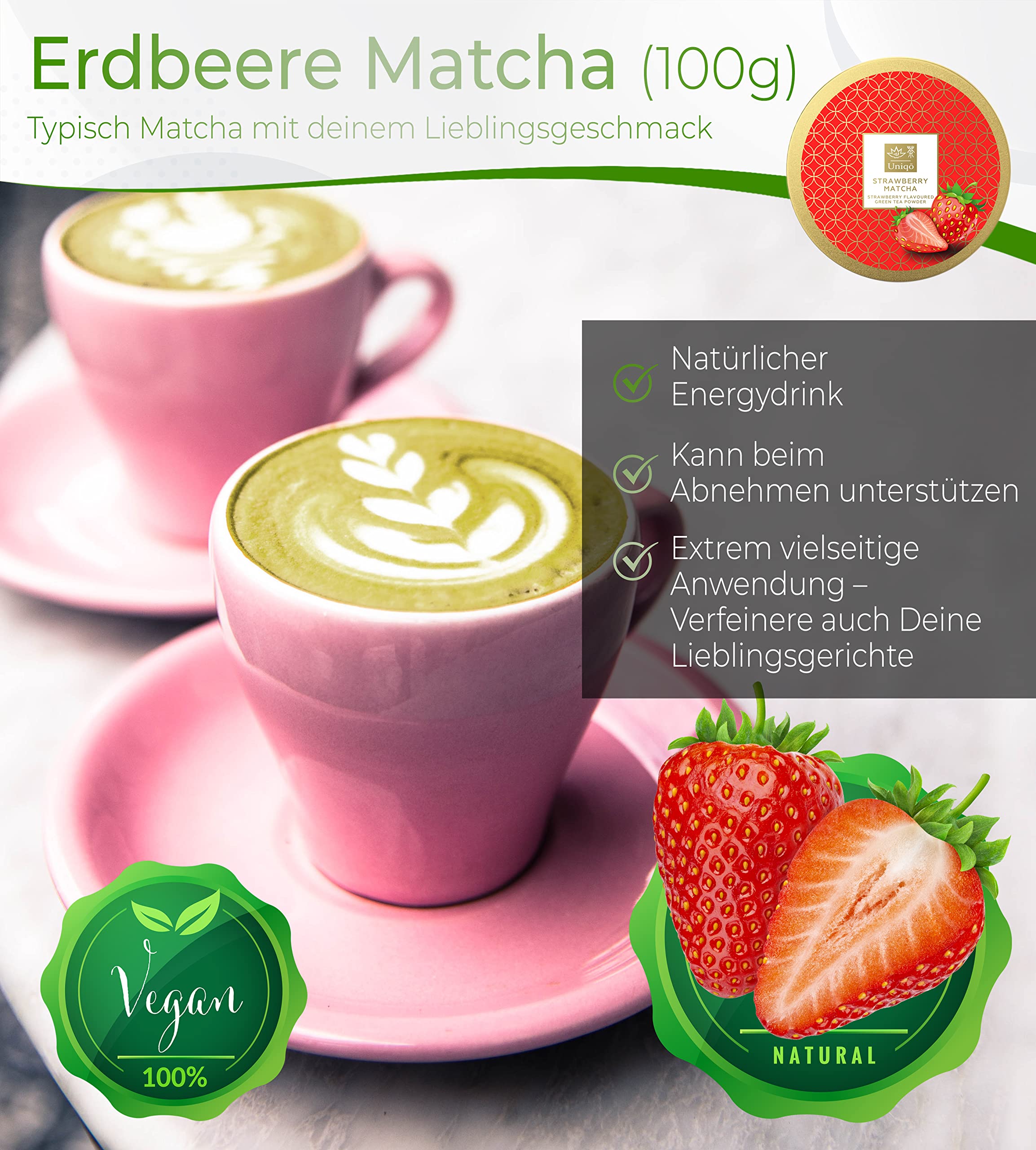 TEA UNIQO Zielona Herbata Matcha Truskawkowa 100% Naturalna — miniatura 2