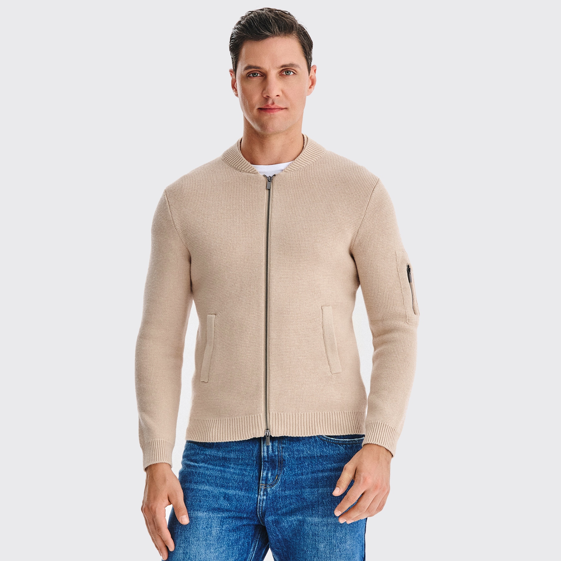 Béžový pánský kardigan na zip s vlnou a bavlnou Pako Lorente vel XXL