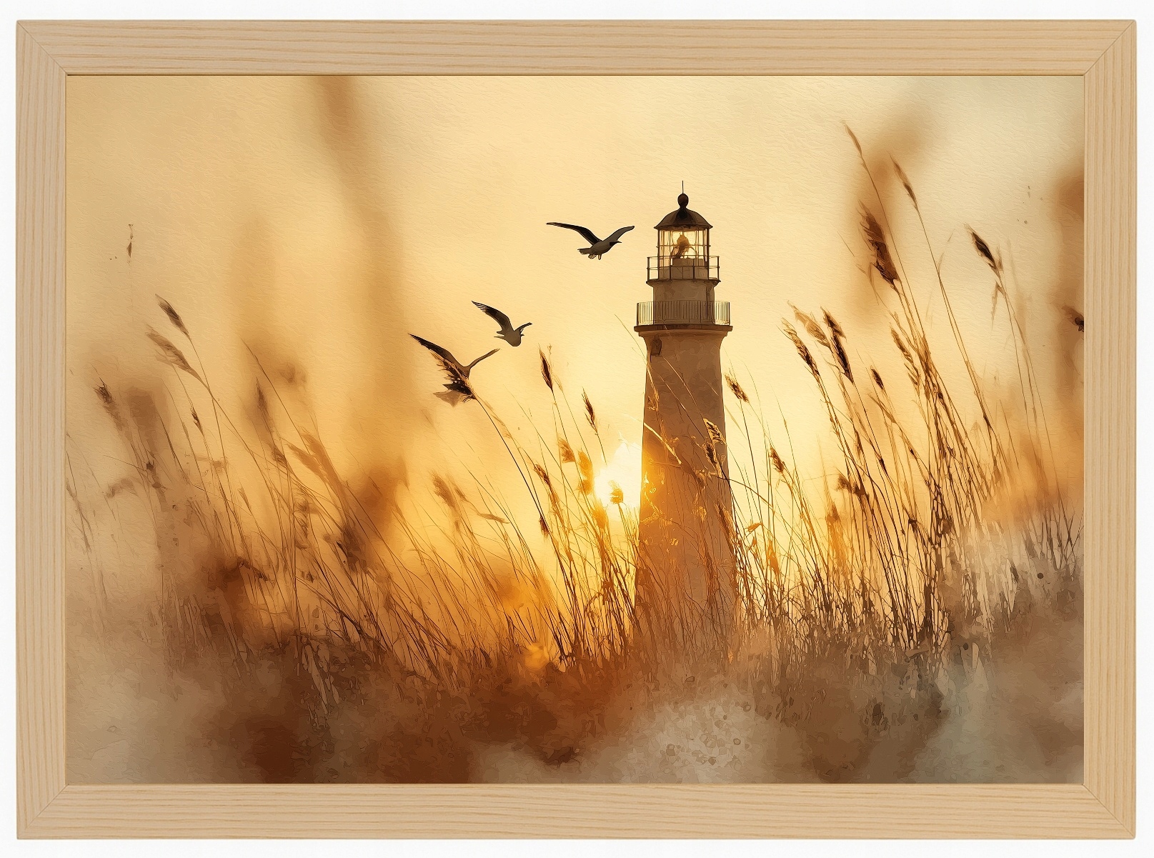 Plakát Rámeček Dřevo Maják Západ Slunce Mewy 100x70