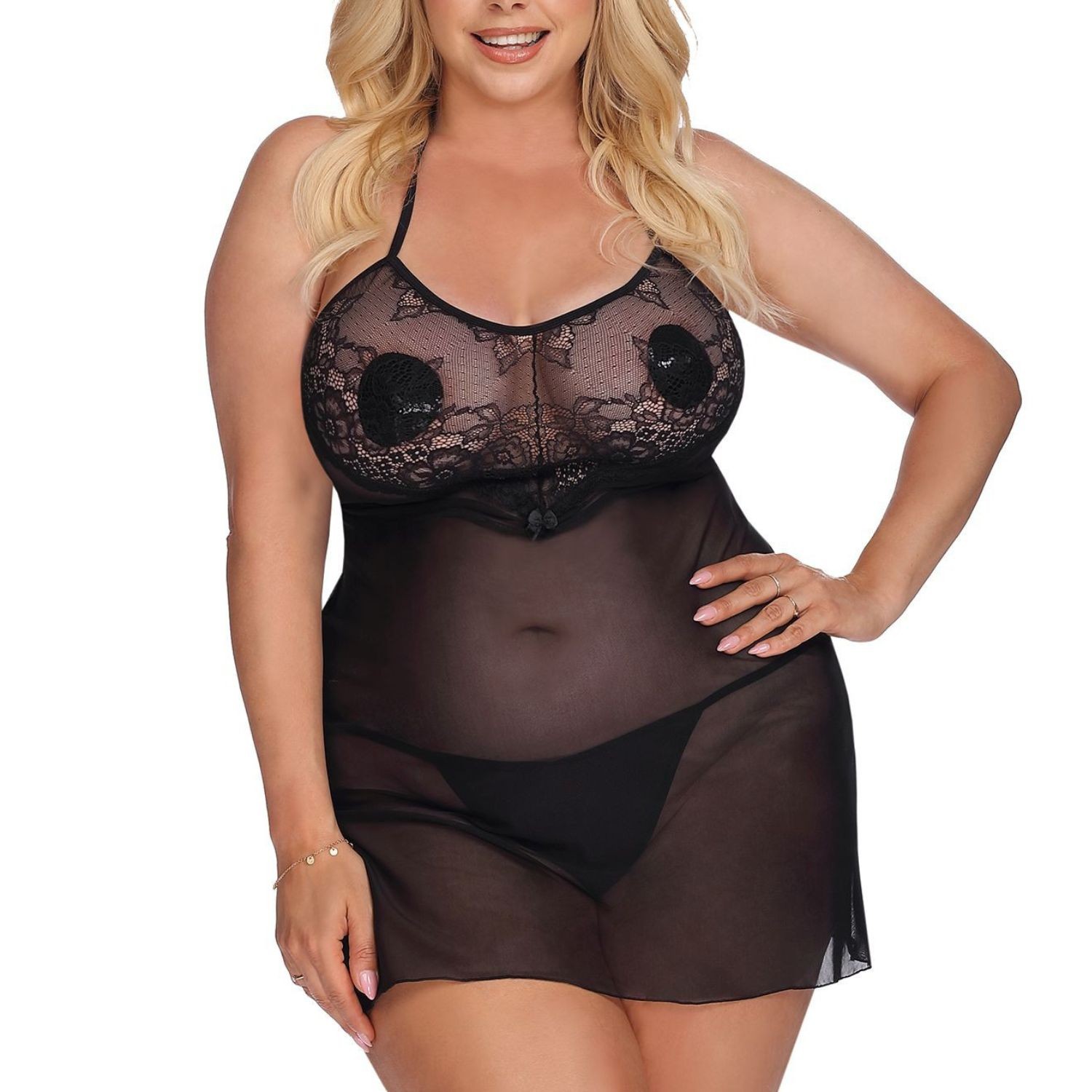 Černá tričko noční s průsvitnou krajkou 5XL/6XL Anais