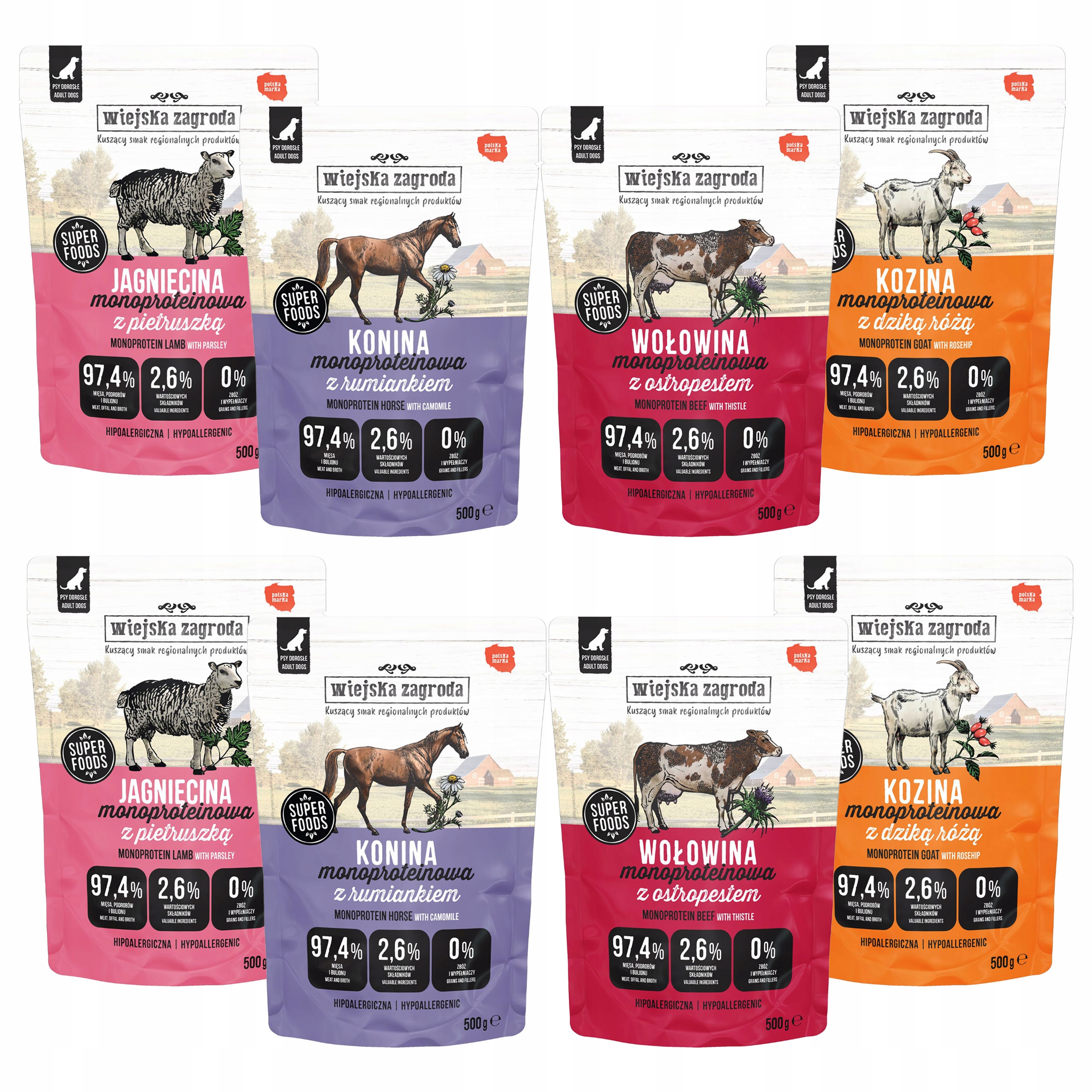 Levně Wiejska Zagroda Monoproteinové vlhké krmivo pro psy mix chutí 8 x 500 g