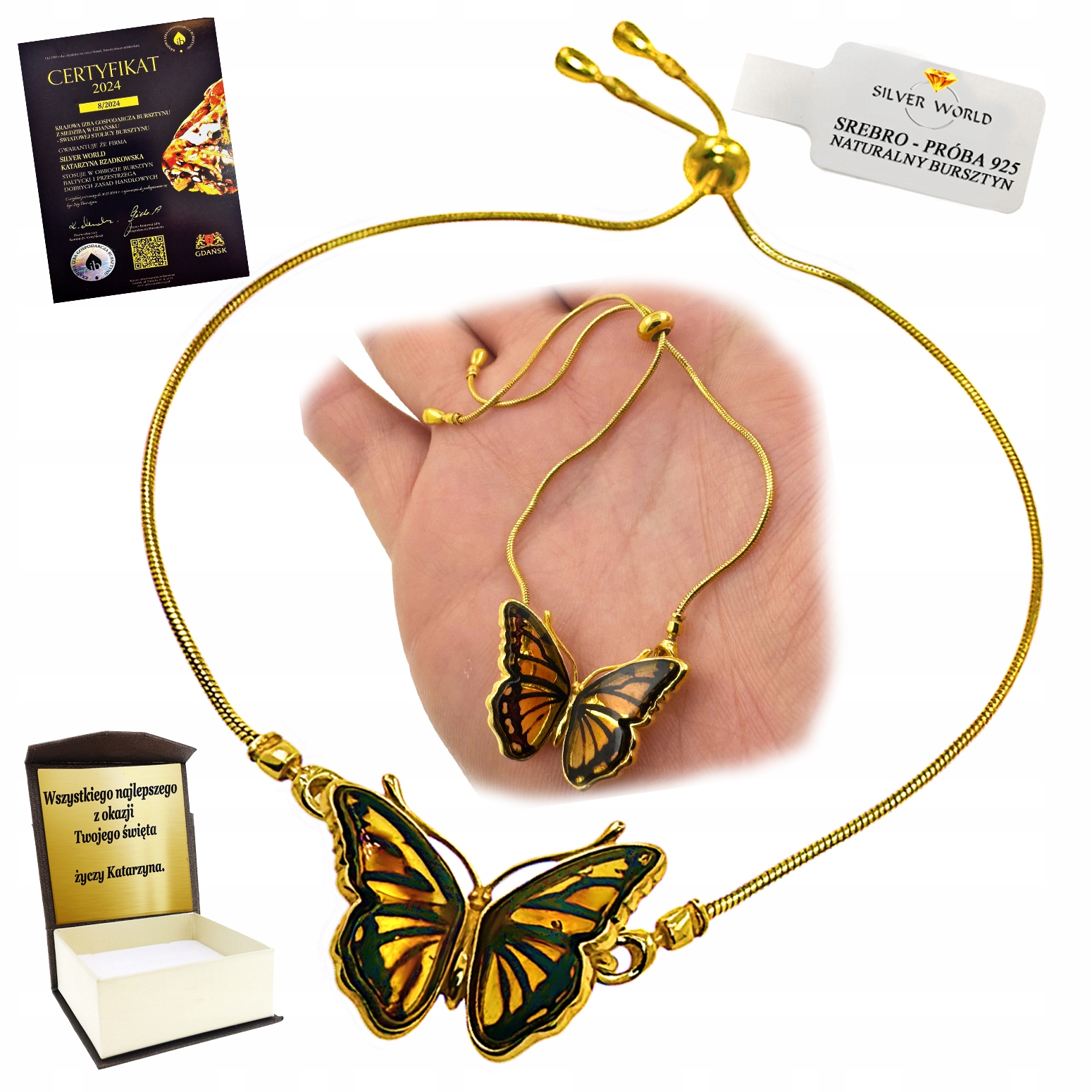 Stříbrný Náramek S Jantarem Pozlacená Velký Vyřezávaný Motýl Gravírování