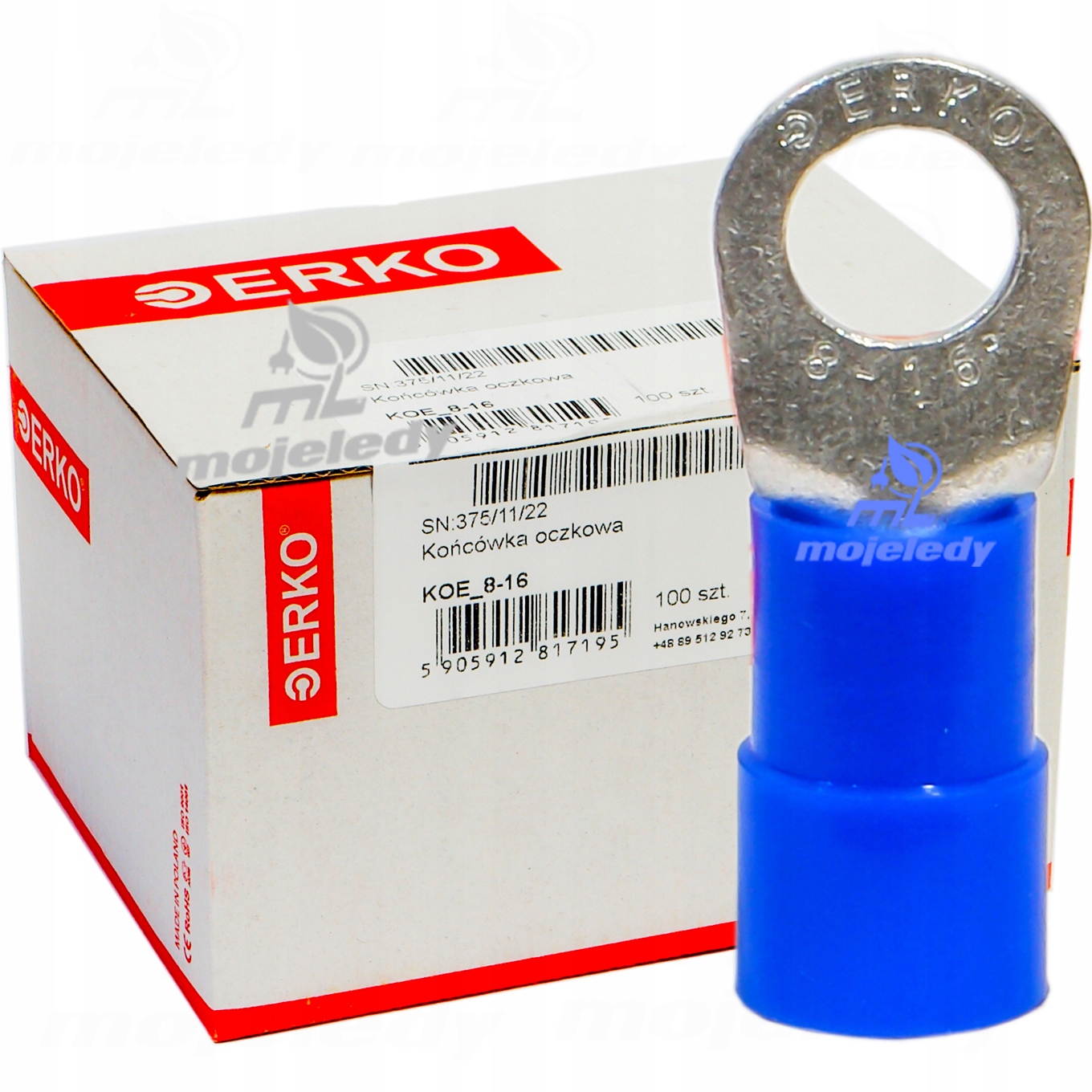 100 x Izolovaná očková koncovka Koe 16 mm M8 Erko