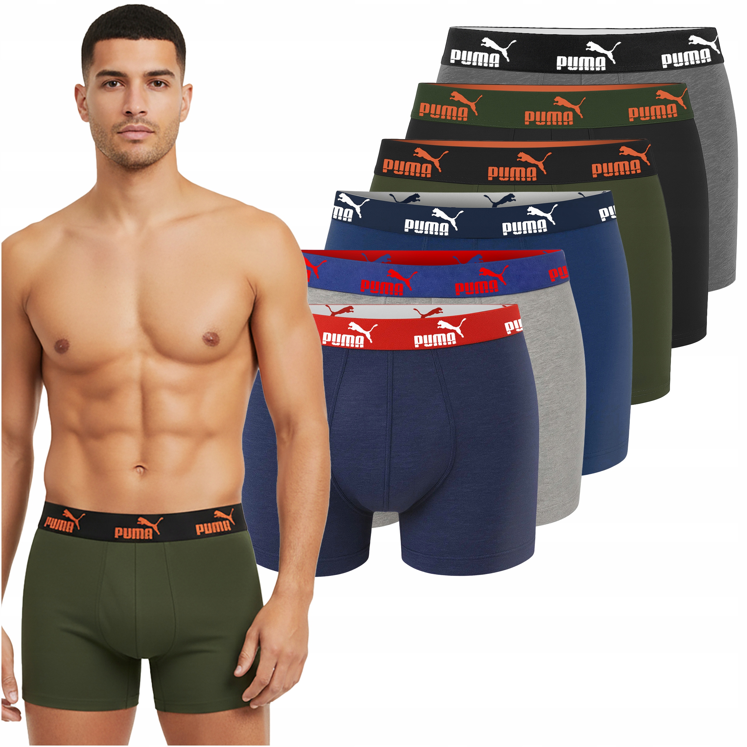 Puma Bokserki Męskie 6 sztuk Majtki Bawełna Khaki Navy Mix Rozmiar XL