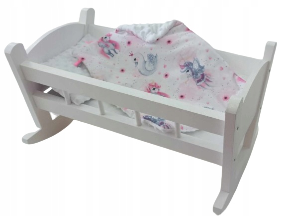 KOŁYSKA DLA LALEK BIAŁA Z POŚCIELĄ. KOŁYSKA DREWNIANA