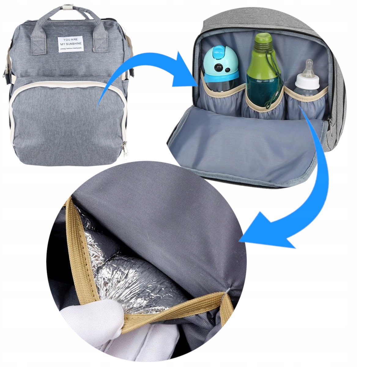 TORBA ORGANIZER PLECAK MAMY TATY PRZEWIJAK KOJEC ŁÓŻECZKO TURYSTYCZNE 5W1 Kolor szary