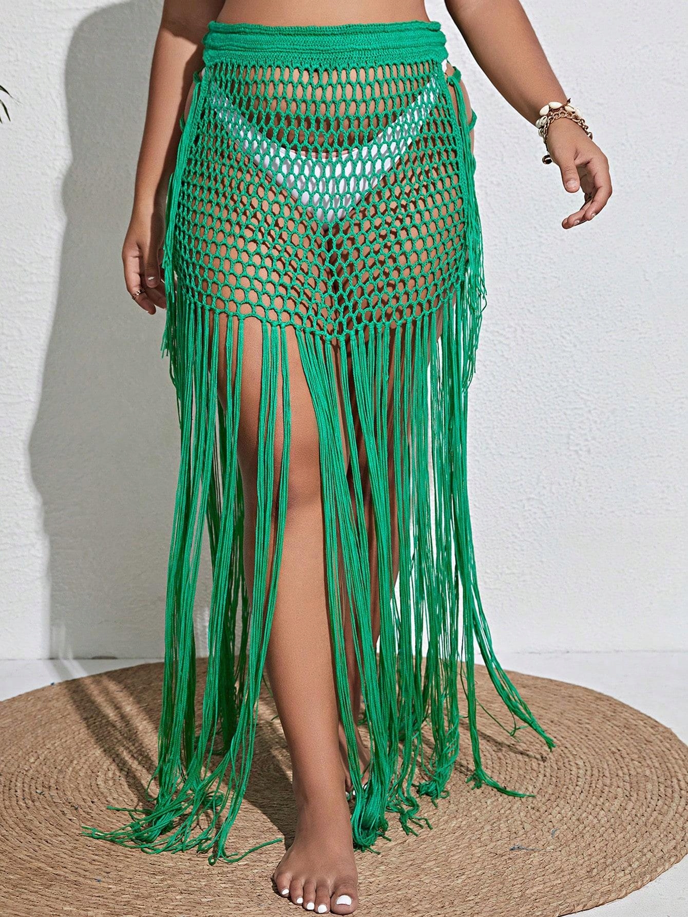 ZIELONE DZIANINOWE AŻURKOWE PAREO NARZUTKA PLAŻOWA Z FRĘDZLAMI SHEIN 46 Materiał dominujący poliester