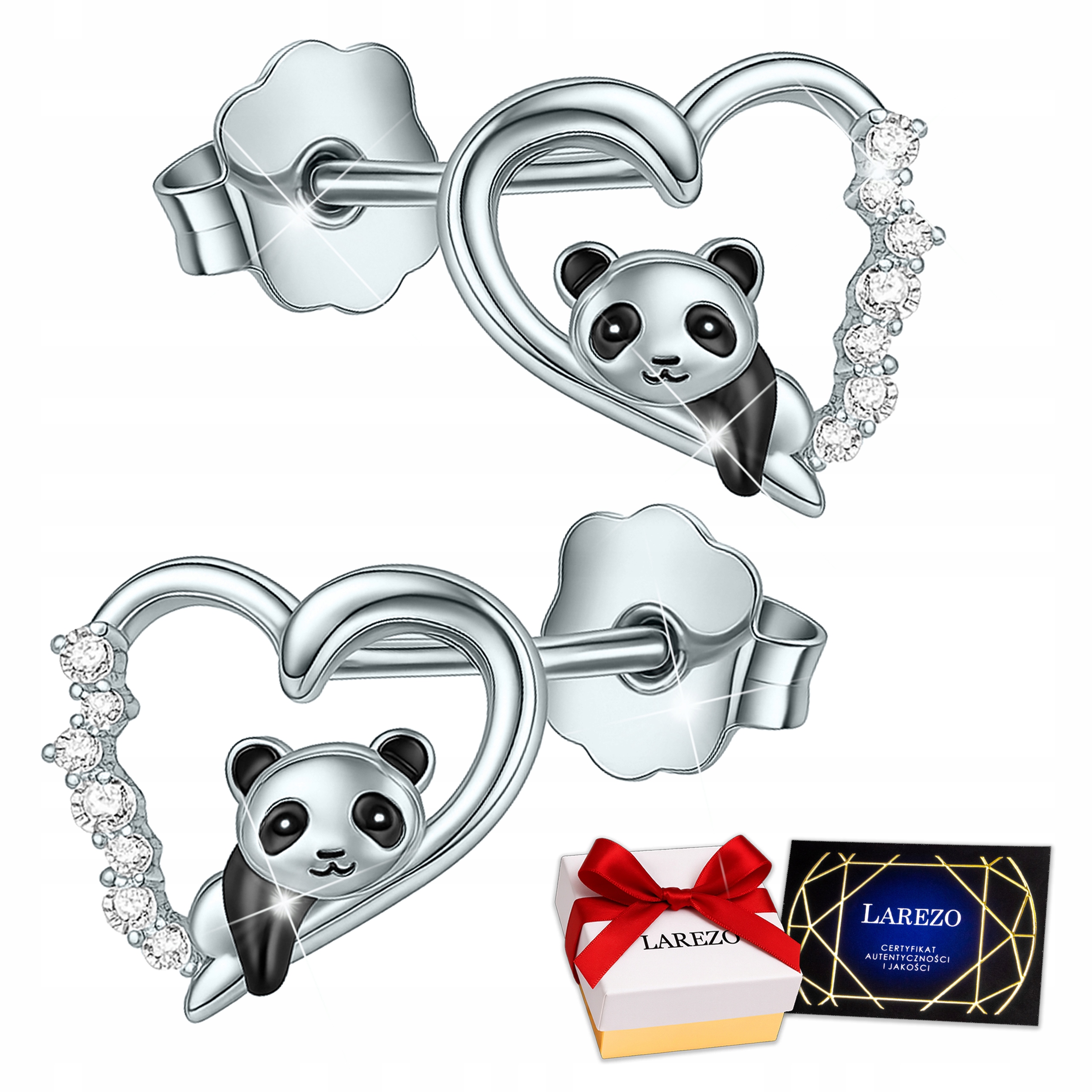 Kolczyki Srebrne Pandy Serca dla Dziewczynki z Pandą Cyrkonie Srebro 925