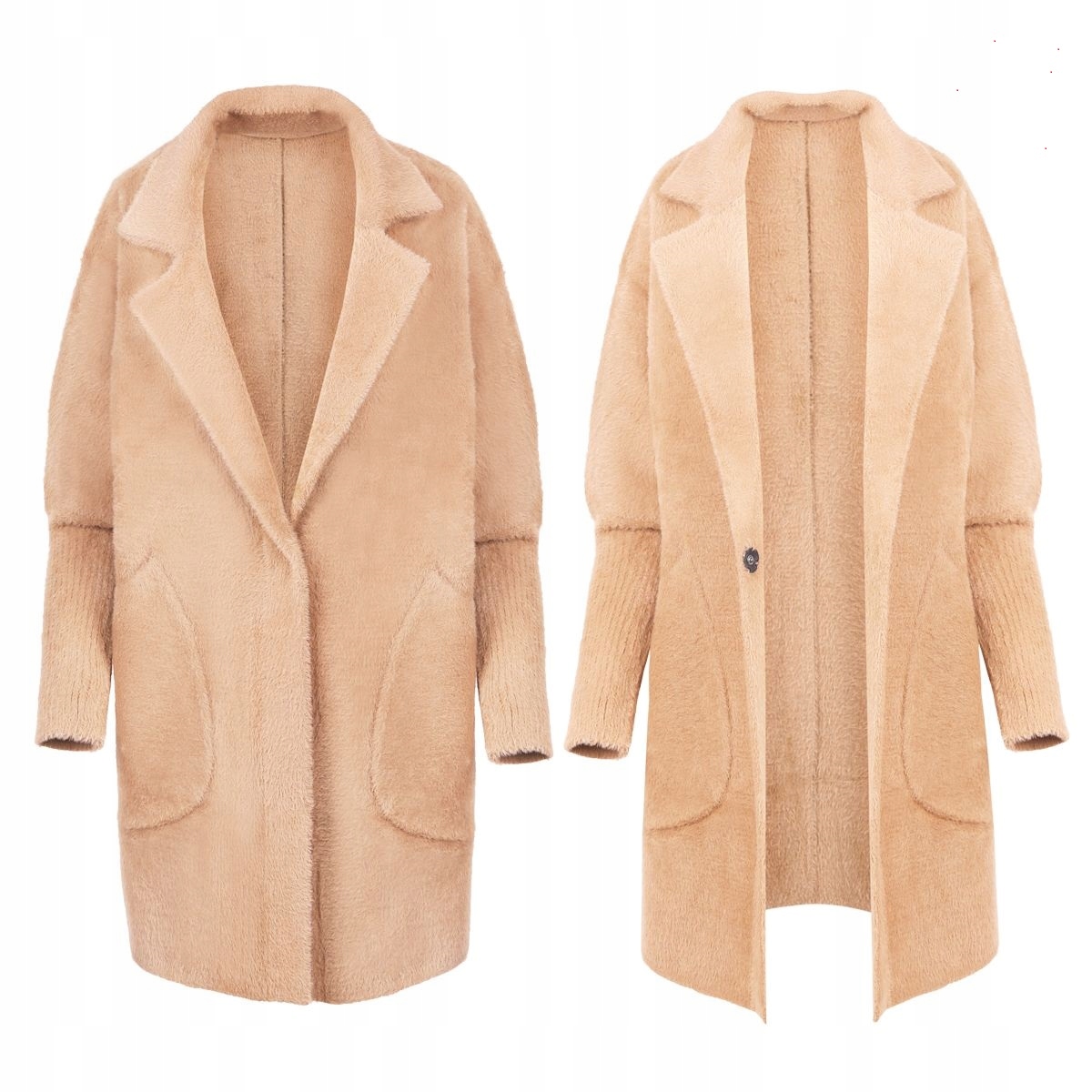Kabát Alpaka Teplý Milý Vlna Oversize Límec Světlý Camel