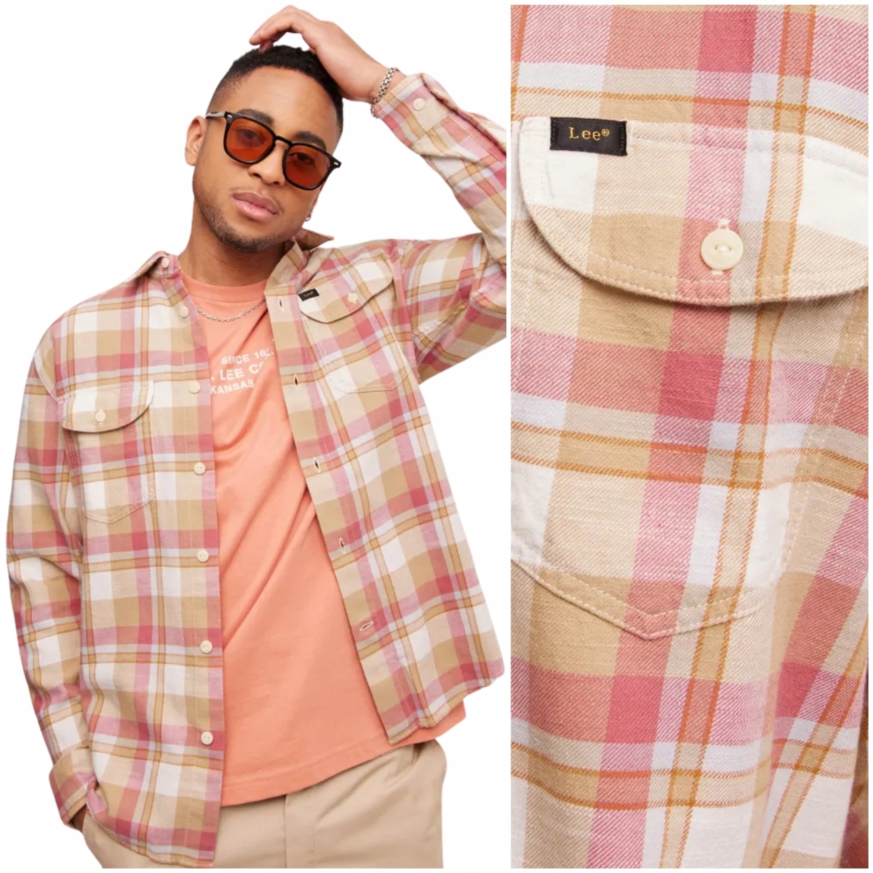 Lee Worker Shirt 2.0 Rust volná pastelová bavlněná kostkovaná košile M