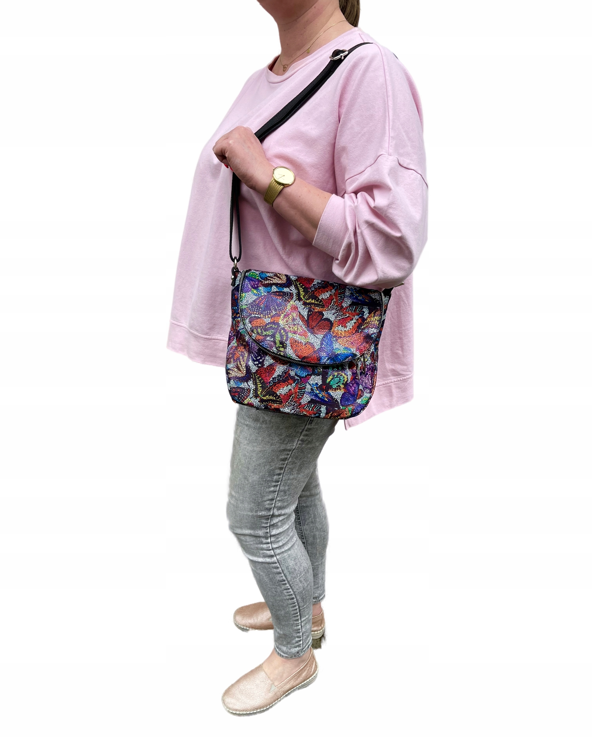 KOLOROWA TOREBKA MOTYLE LISTONOSZKA Z KLAPĄ SKÓRA NATURALNA VERA PELLE Styl miejski