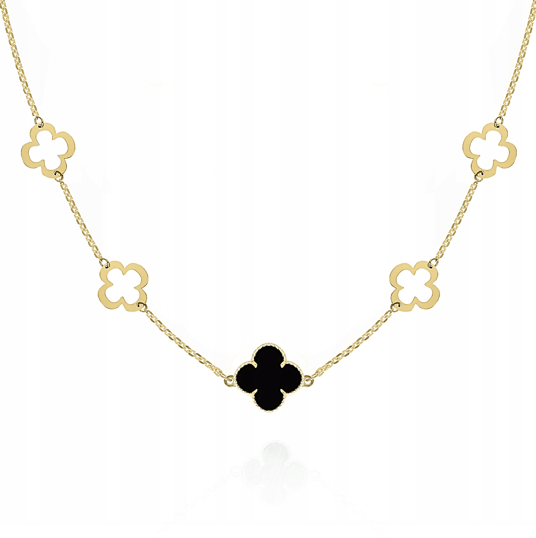 Stříbrný pozlacený náhrdelník choker čtyřlístky onyx Ag925 40 cm