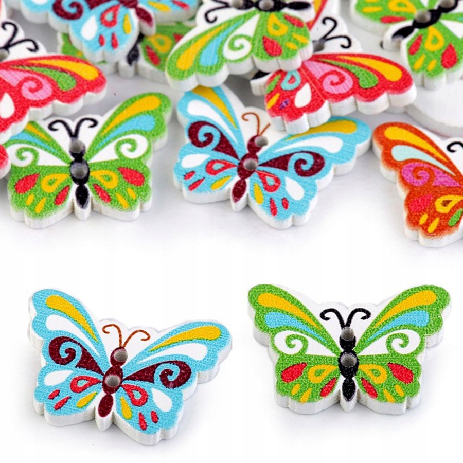 50x Guziki Drewniane 17x24 mm kolorowe Motyle mix